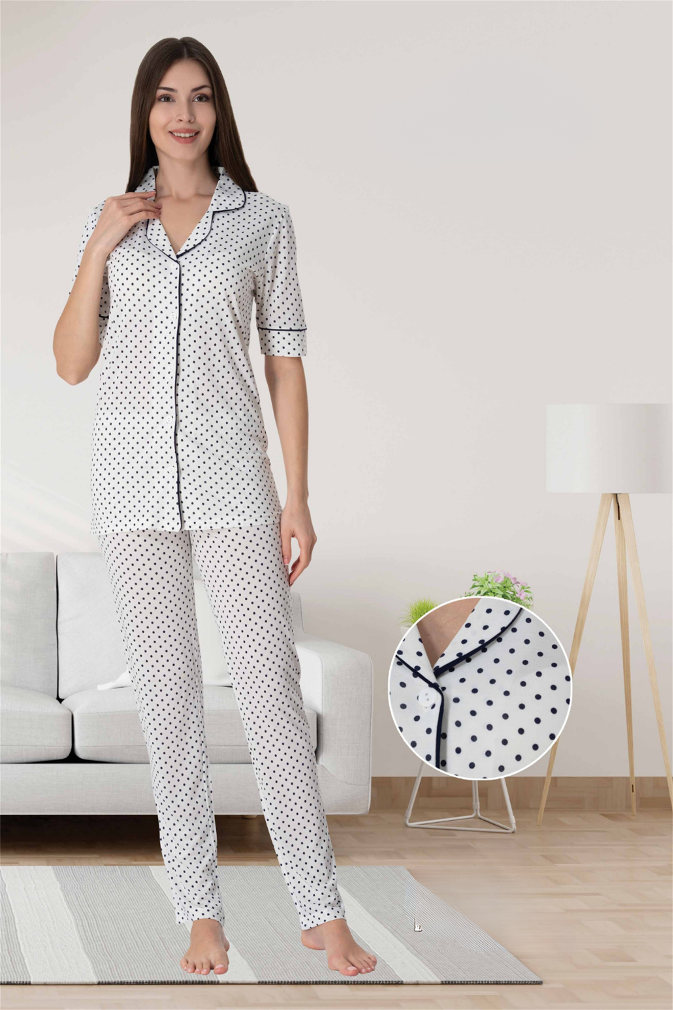 Effortt 5062 Lacivert Puan Detaylı Lohusa Pijama
