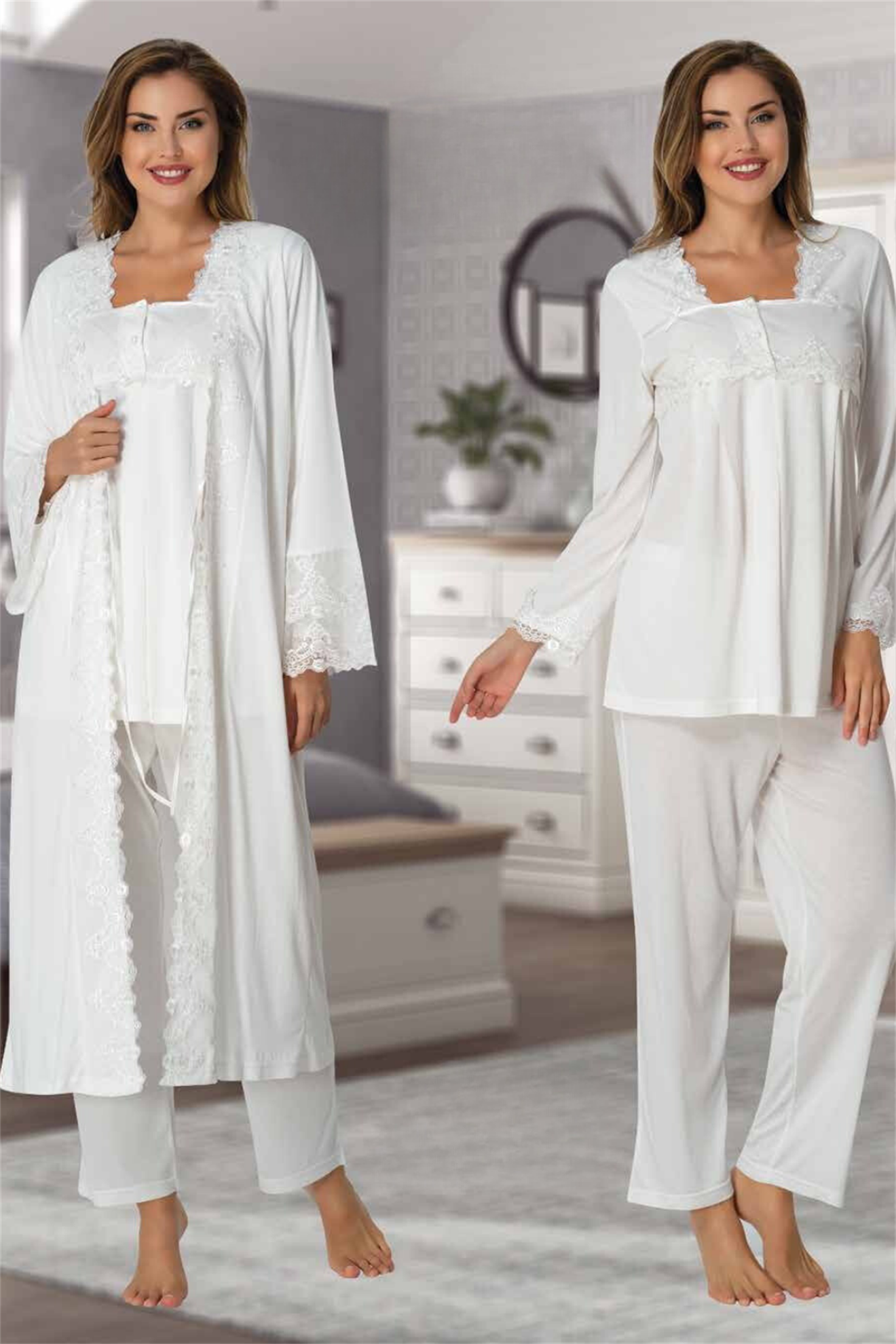Effortt 7014 Ekru Sabahlıklı Lohusa Pijama