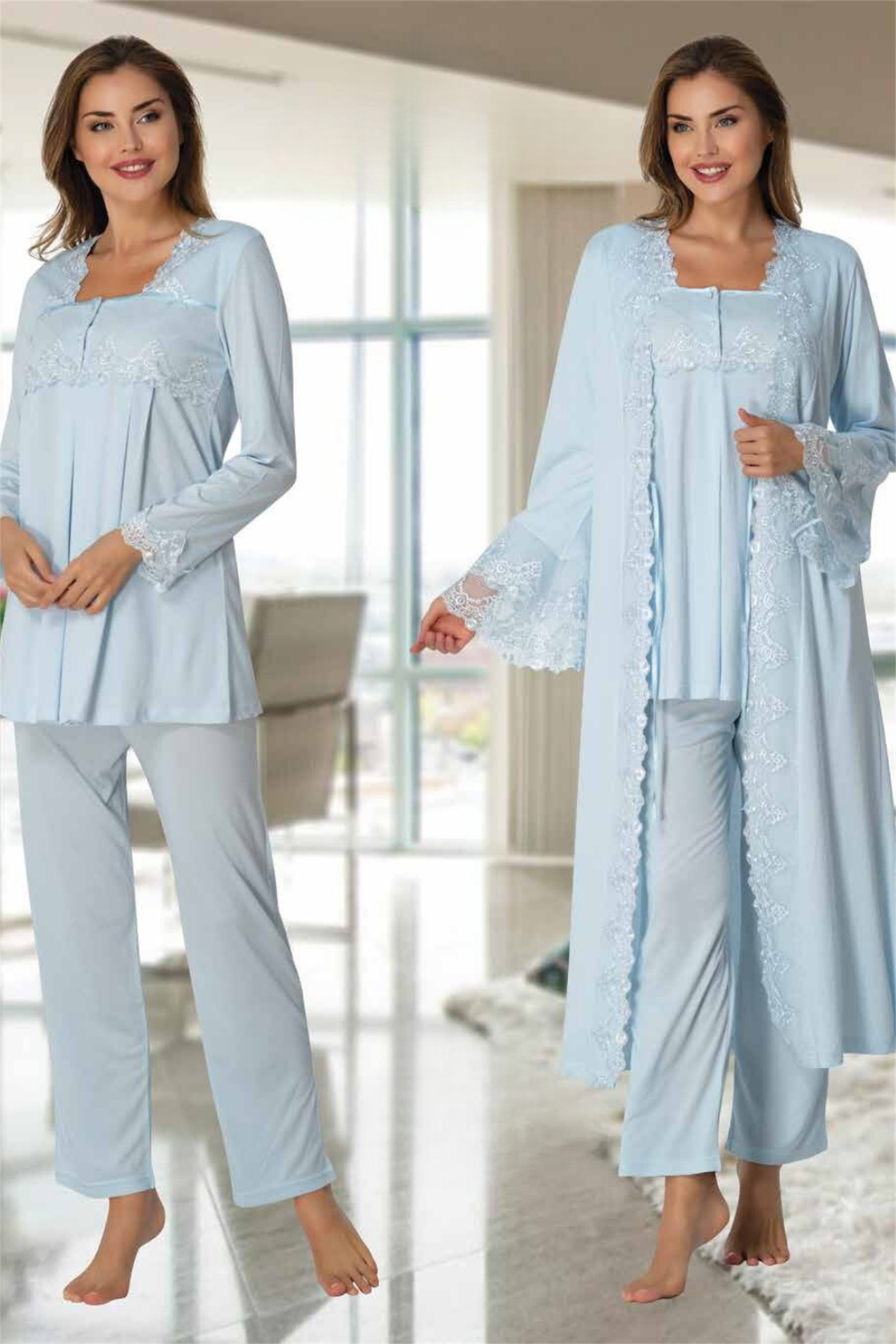 Effortt 7014 Mavi Sabahlıklı Lohusa Pijama