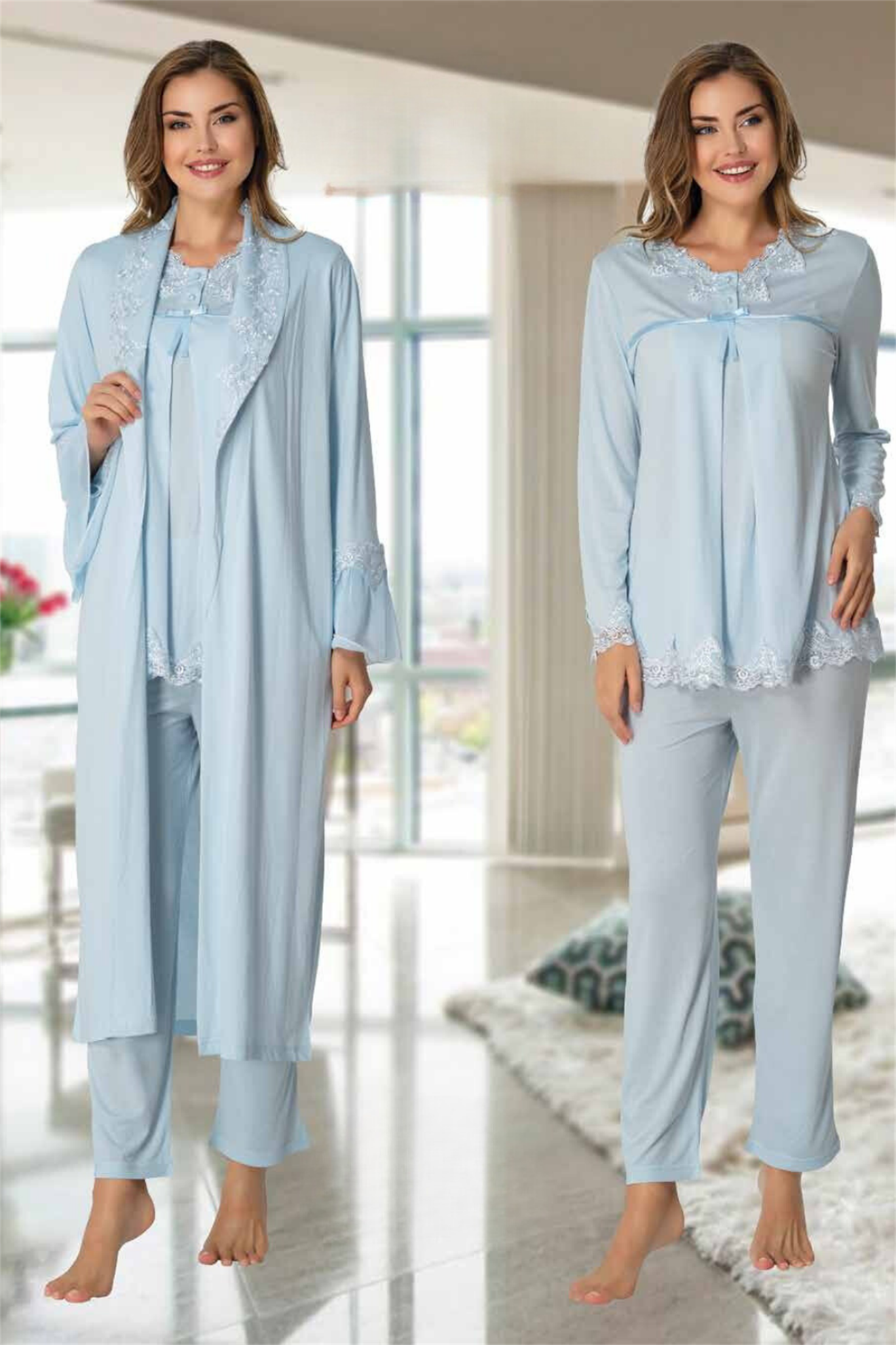 Effortt 7034 Mavi Dantel Yaka Sabahlıklı Lohusa Pijama
