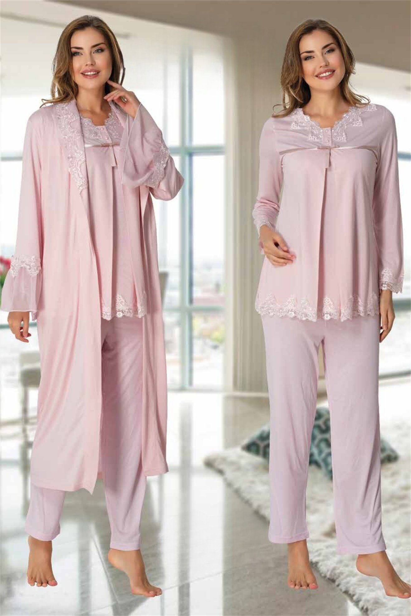 Effortt 7034 Pudra Dantel Yaka Sabahlıklı Lohusa Pijama