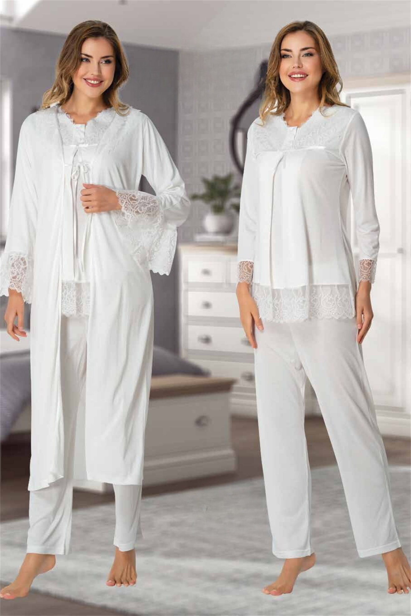 Effortt 7044 Ekru Güpür Detaylı Sabahlıklı Lohusa Pijama