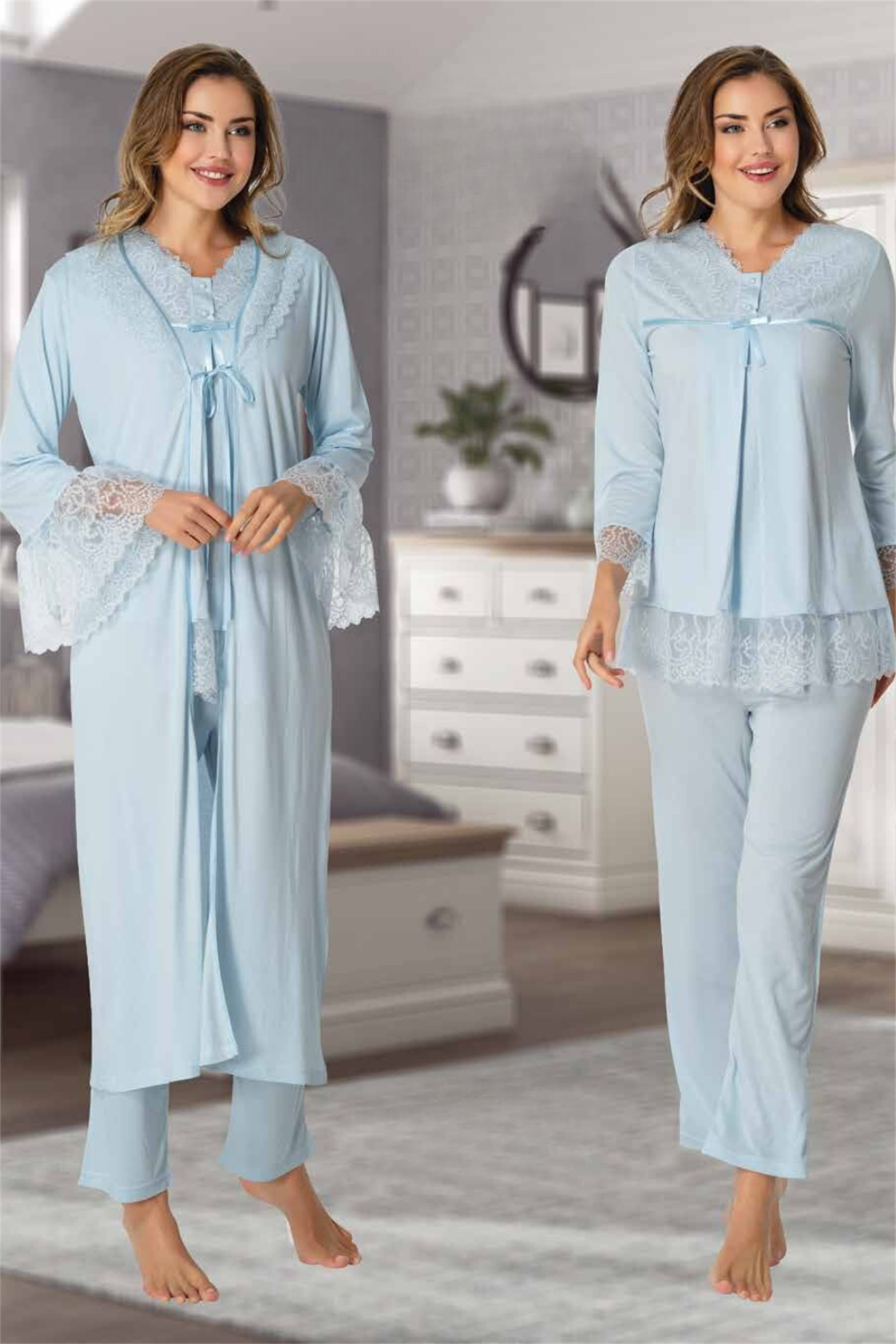 Effortt 7044 Mavi Güpür Detaylı Sabahlıklı Lohusa Pijama