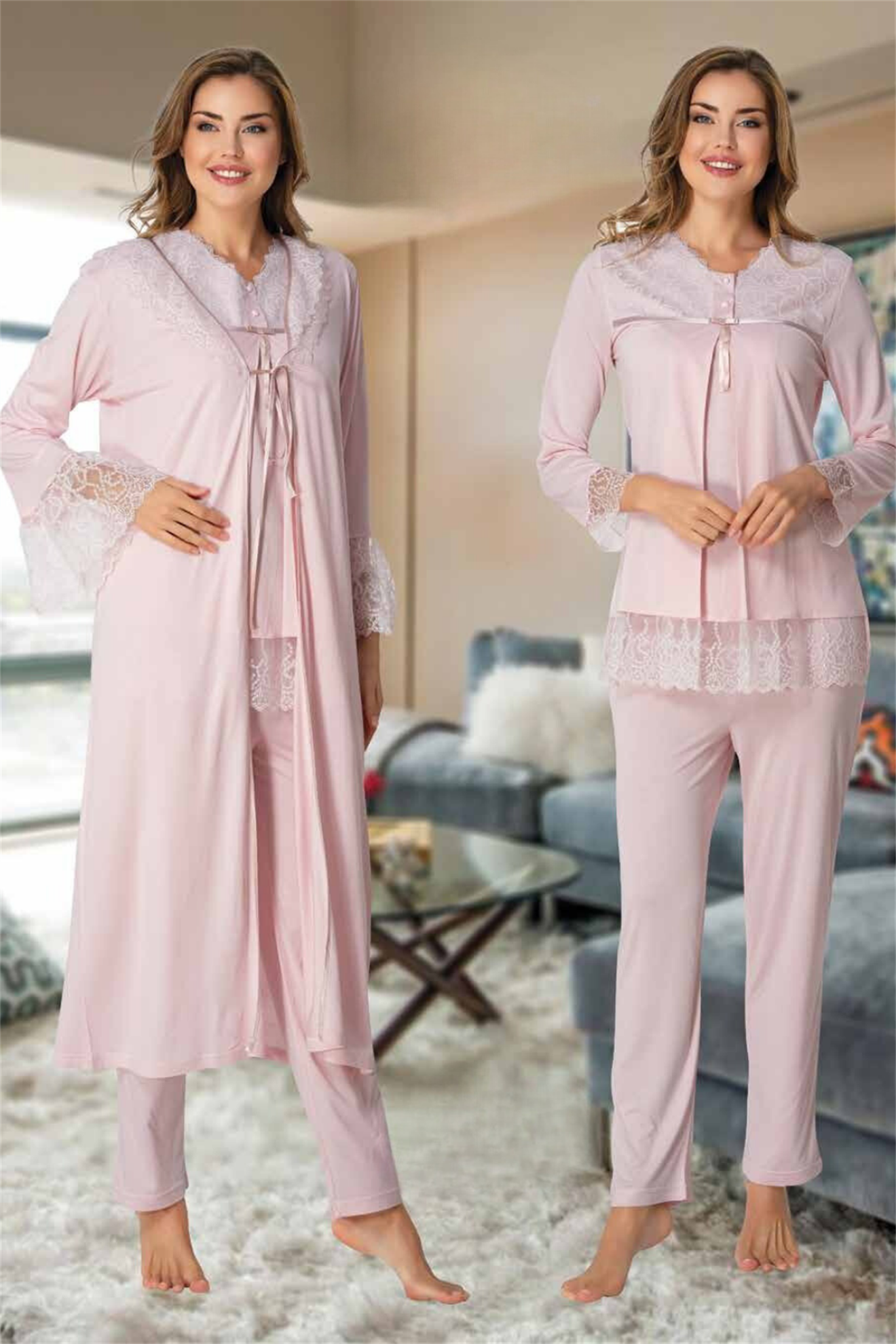 Effortt 7044 Pudra Güpür Detaylı Sabahlıklı Lohusa Pijama