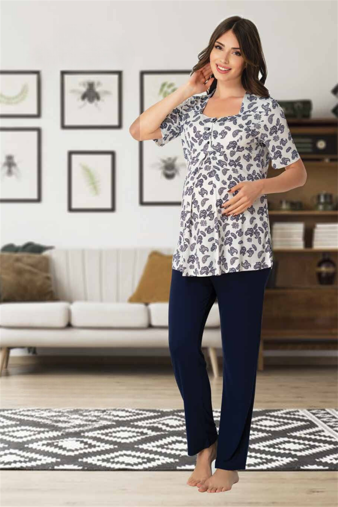Effortt 8012 Lacivert Şal Desenli Lohusa Pijama