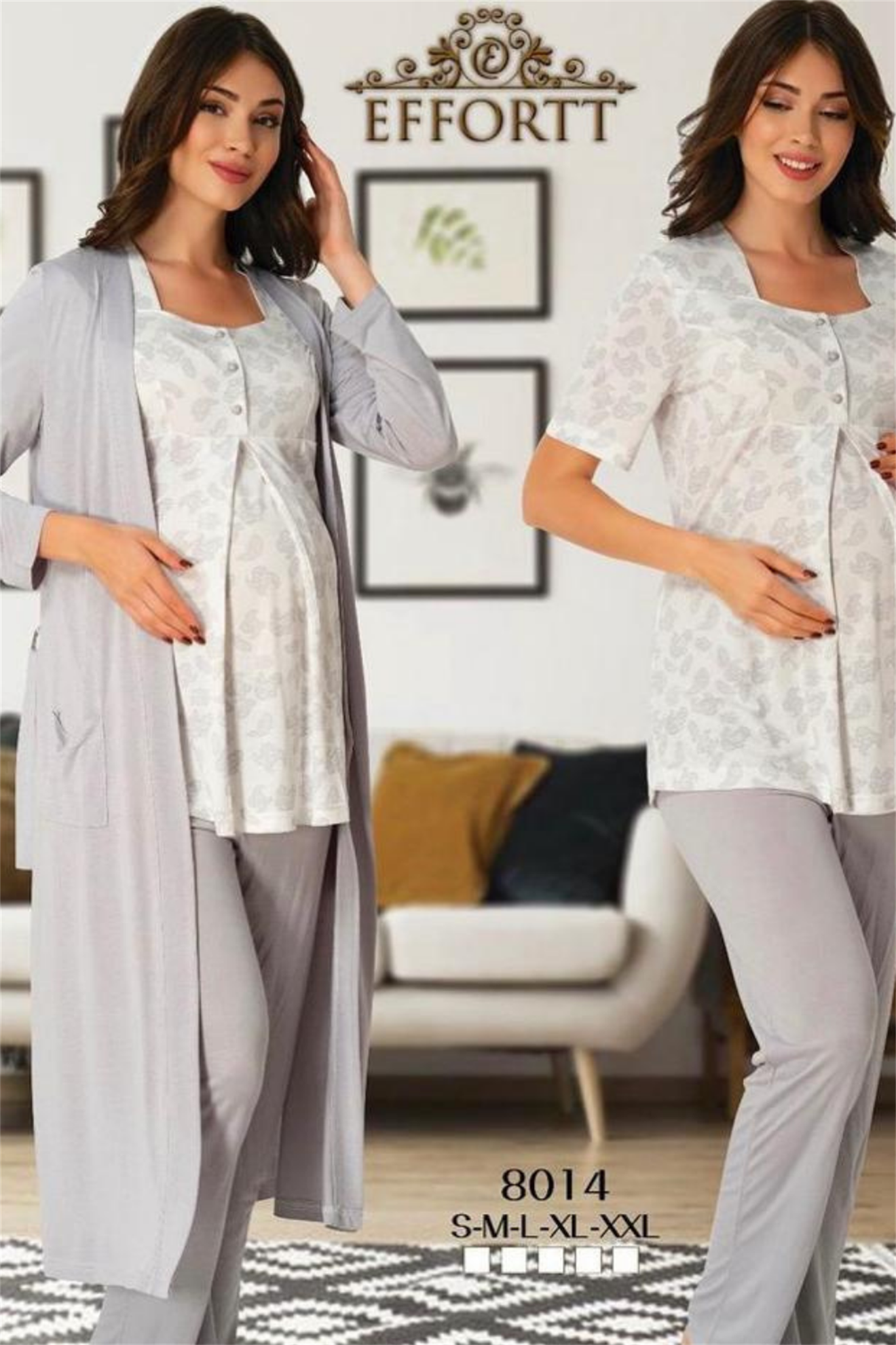 Effortt 8014 Gri Şal Desenli Sabahlıklı Lohusa Pijama