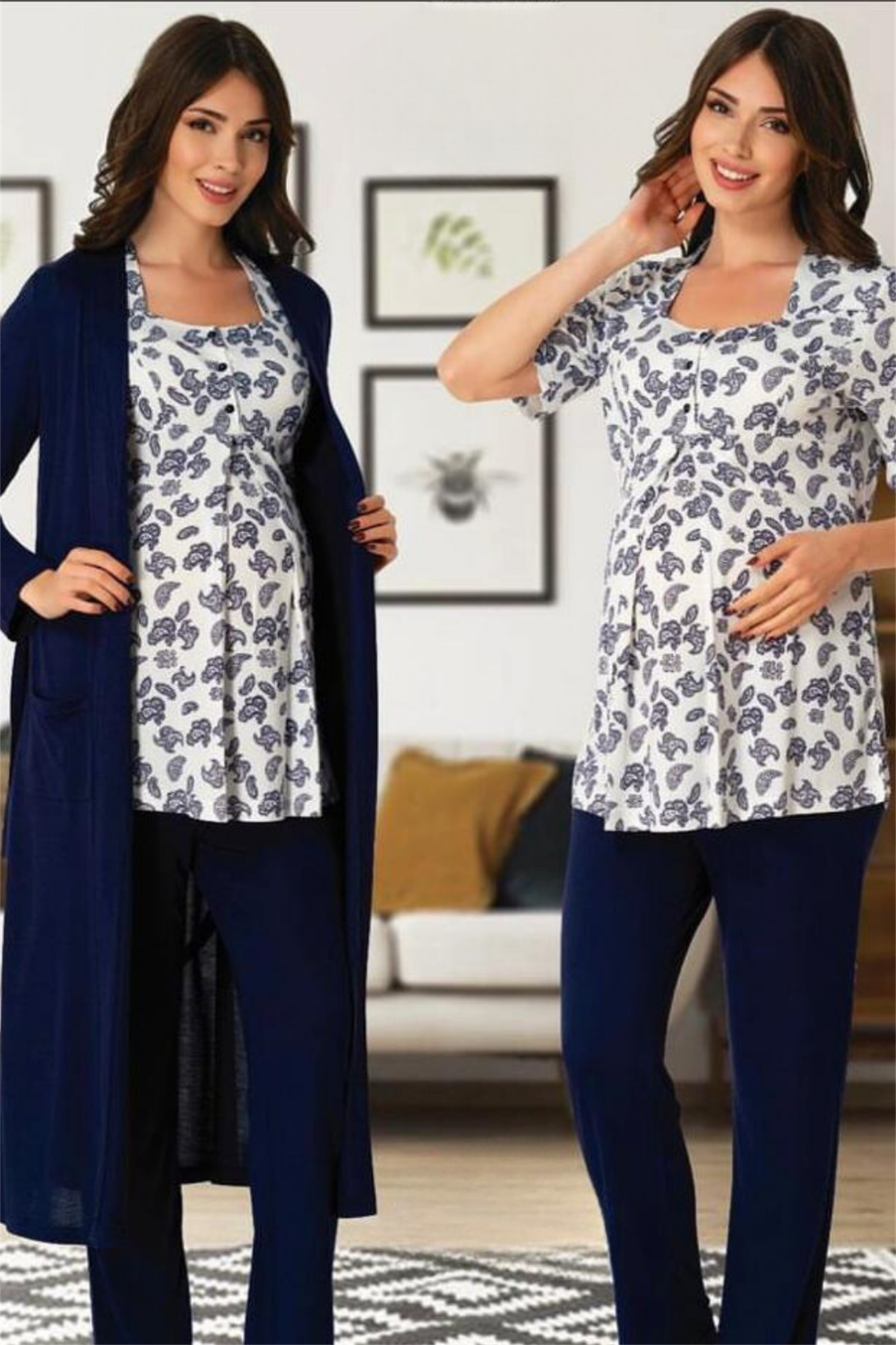 Effortt 8014 Lacivert Şal Desenli Sabahlıklı Lohusa Pijama