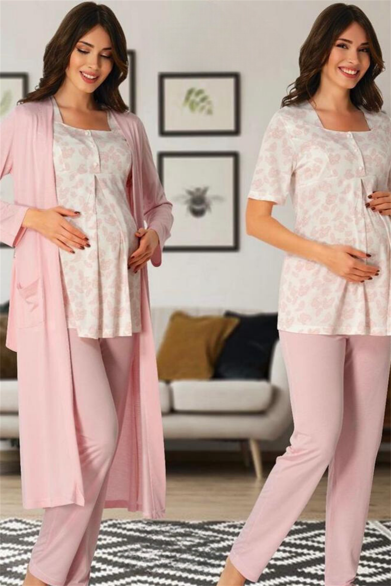 Effortt 8014 Pudra Şal Desenli Sabahlıklı Lohusa Pijama