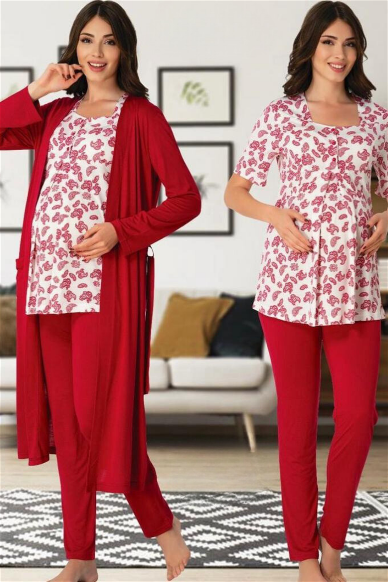 Effortt 8014 Vişne Şal Desenli Sabahlıklı Lohusa Pijama