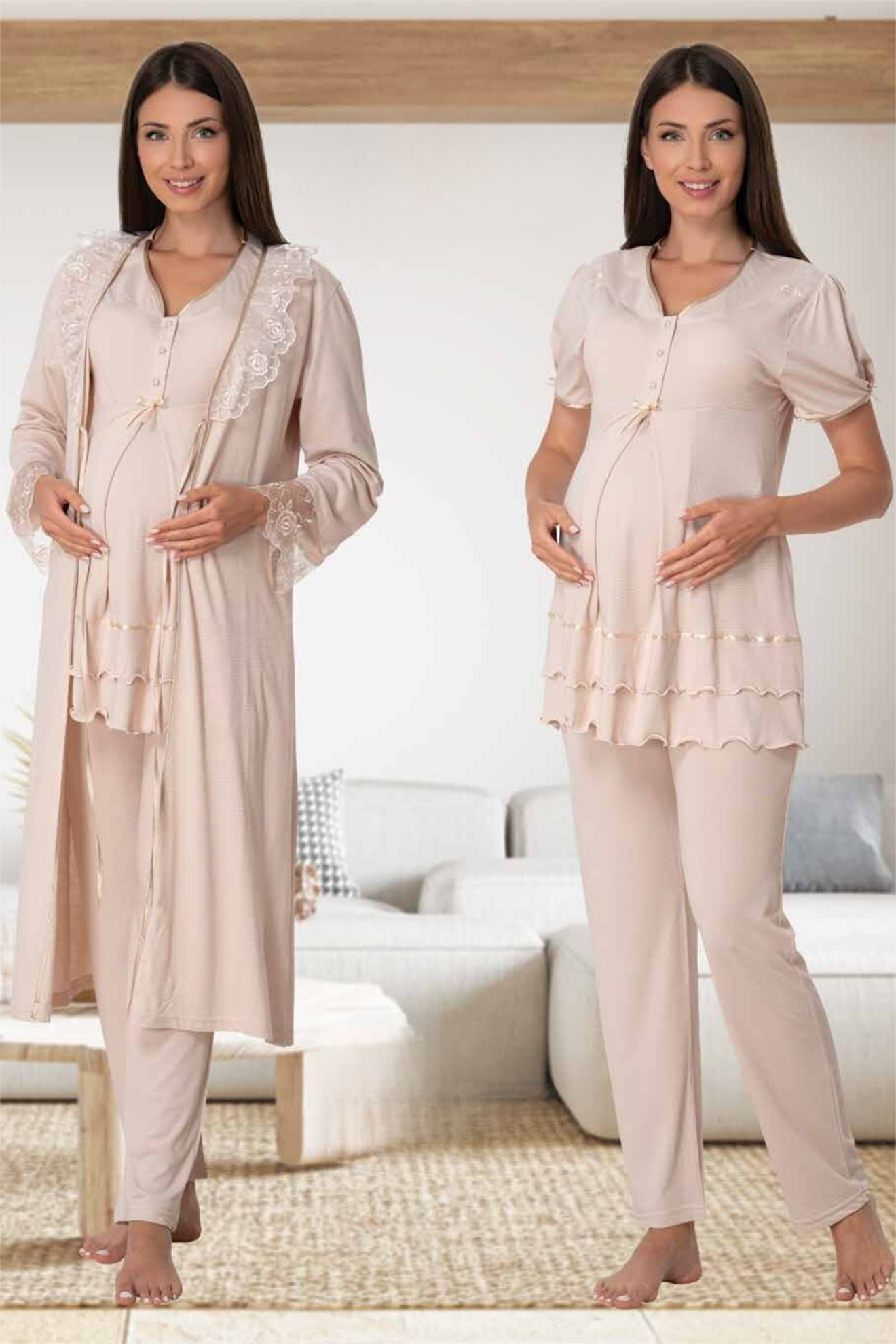 Effortt 8024 Bej Dantel Sabahlıklı Lohusa Pijama