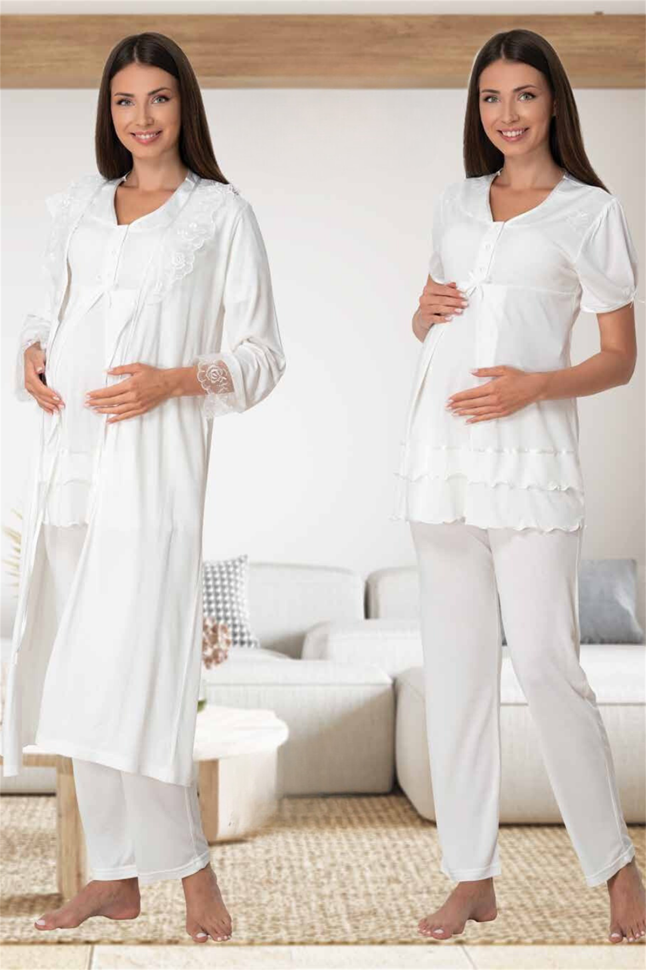 Effortt 8024 Ekru Dantel Sabahlıklı Lohusa Pijama