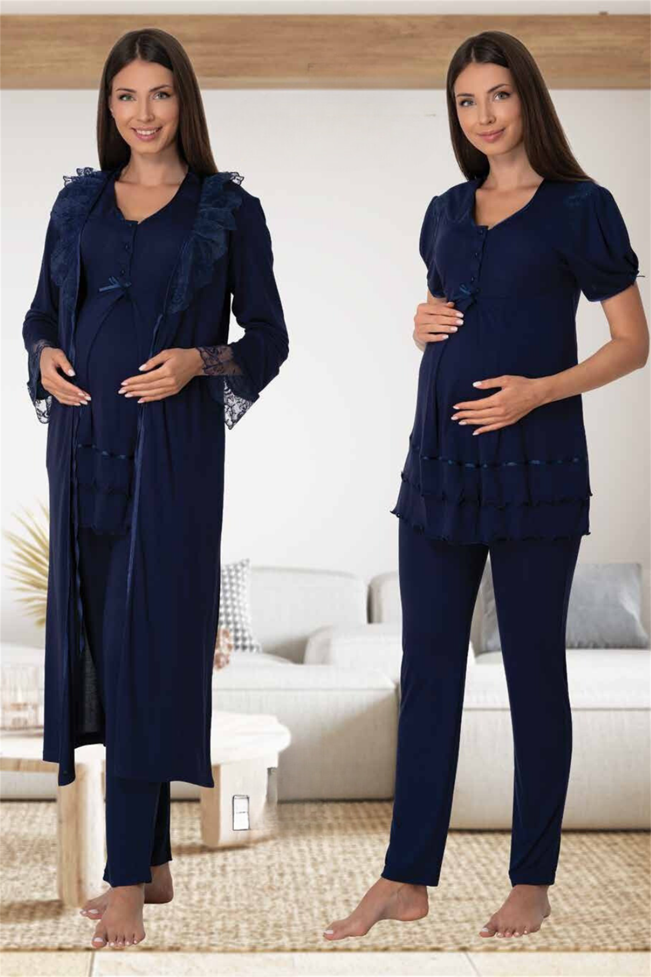 Effortt 8024 Lacivert Dantel Sabahlıklı Lohusa Pijama