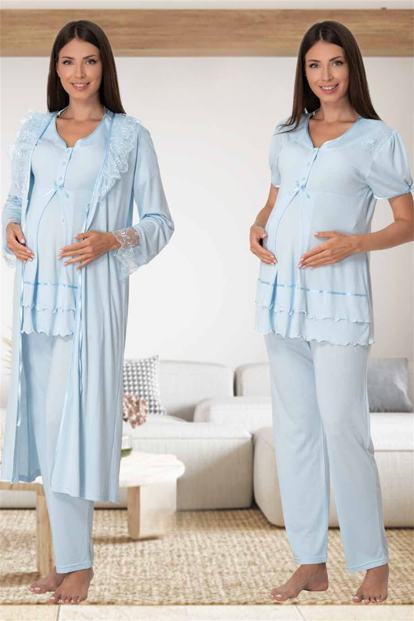 Effortt 8024 Mavi Dantel Sabahlıklı Lohusa Pijama