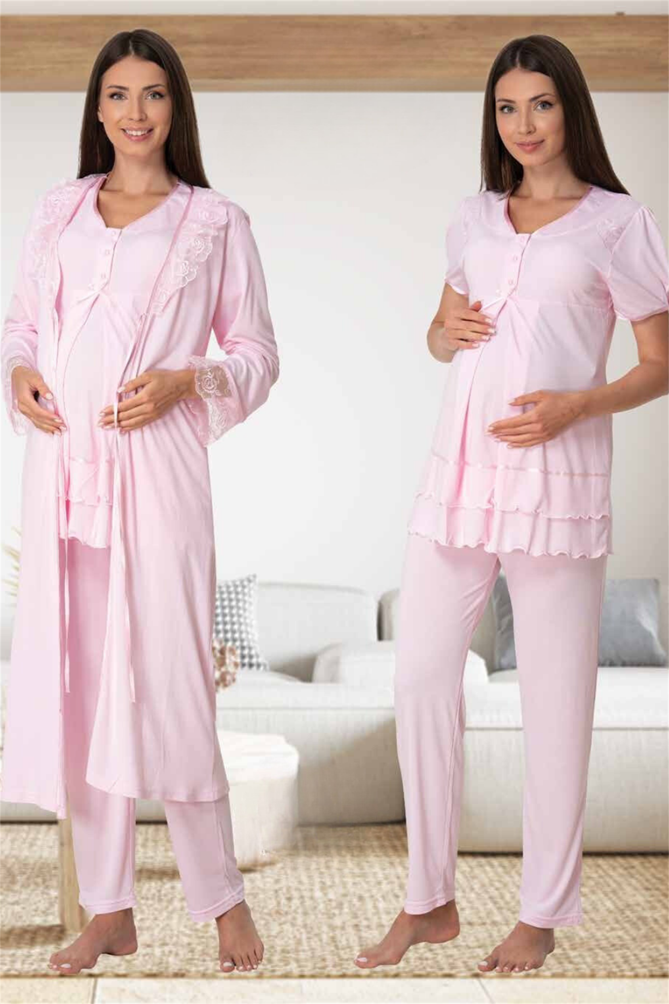Effortt 8024 Pembe Dantel Sabahlıklı Lohusa Pijama