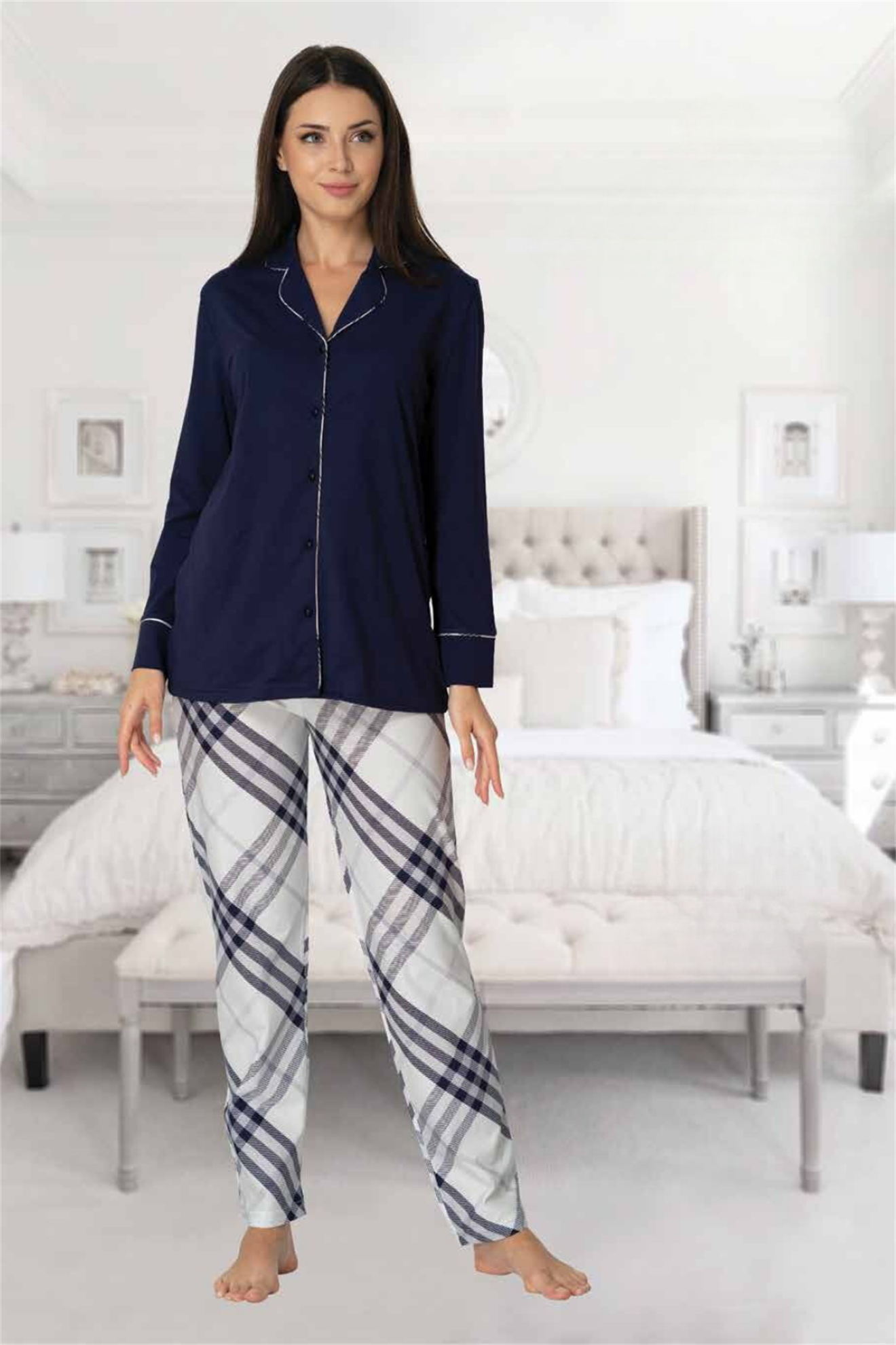 Effortt 8072 Lacivert Ekose Desenli Lohusa Pijama