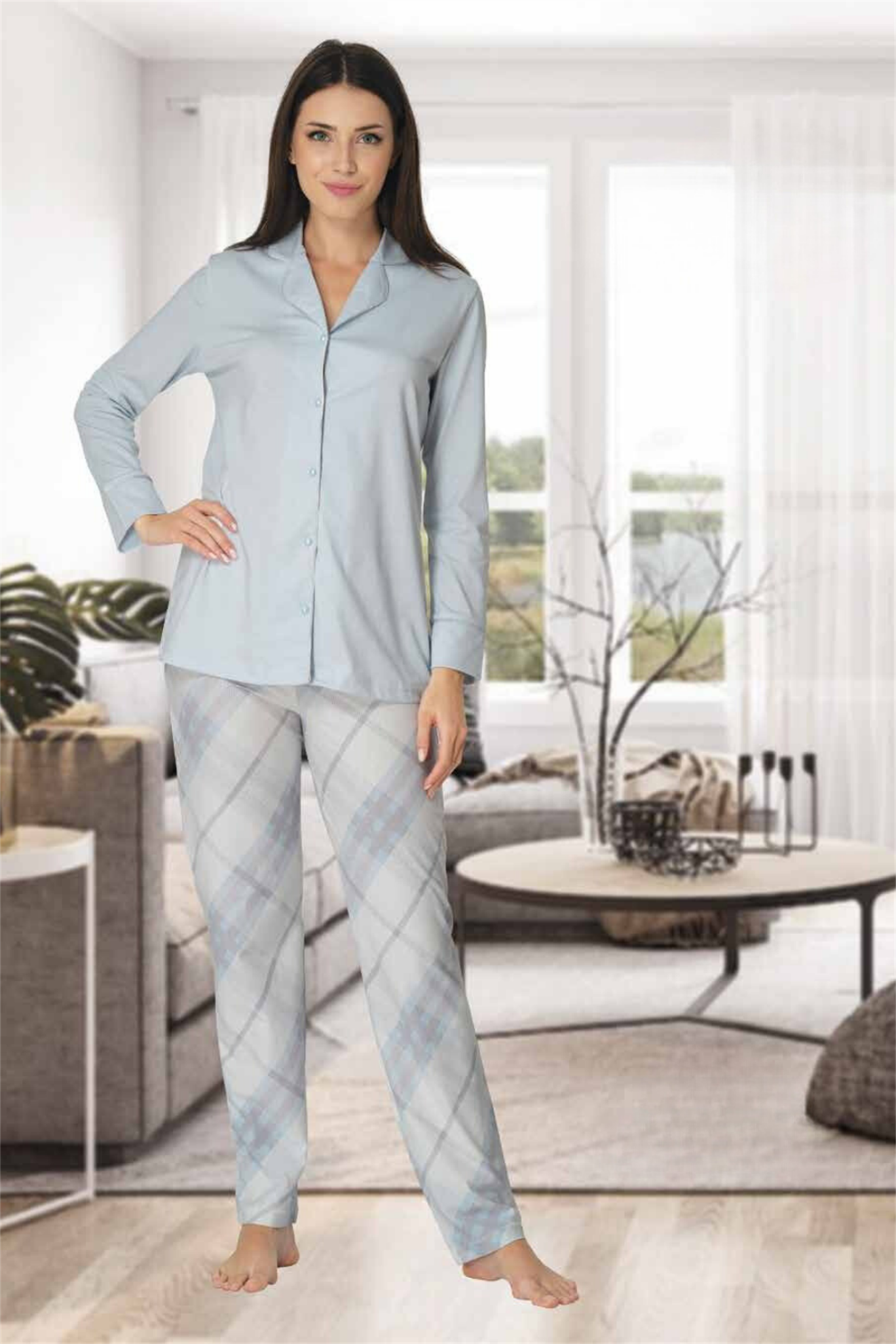 Effortt 8072 Mavi Ekose Desenli Lohusa Pijama
