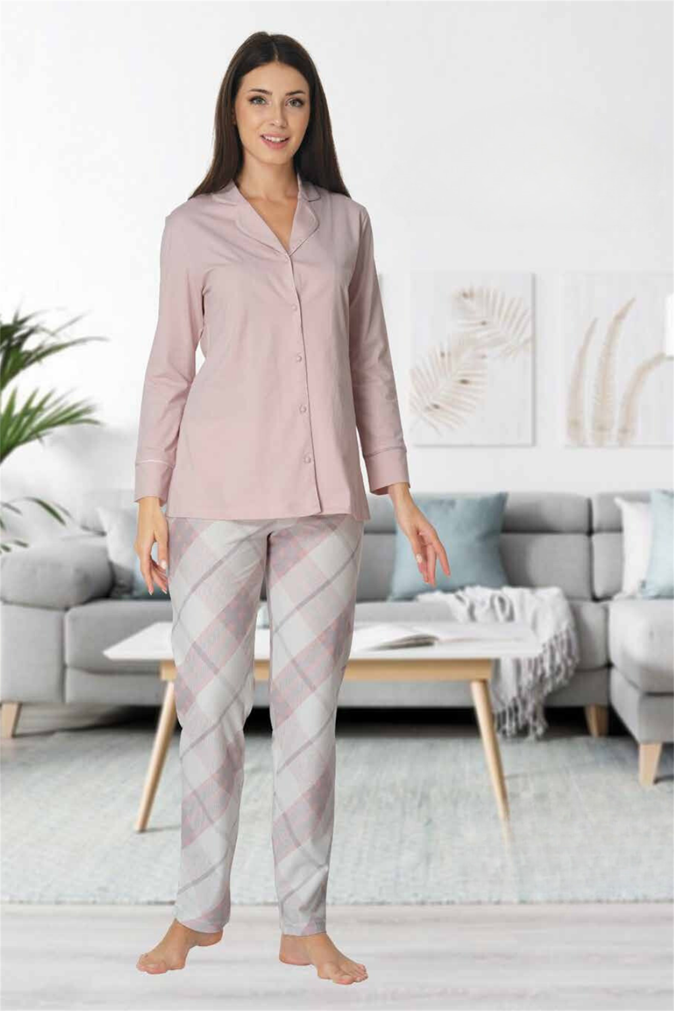 Effortt 8072 Pudra Ekose Desenli Lohusa Pijama