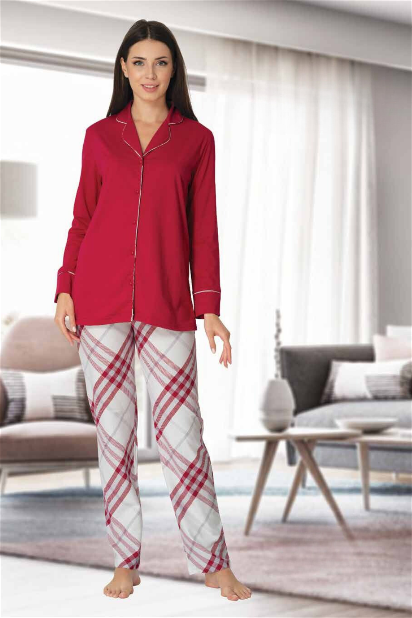 Effortt 8072 Vişne Ekose Desenli Lohusa Pijama