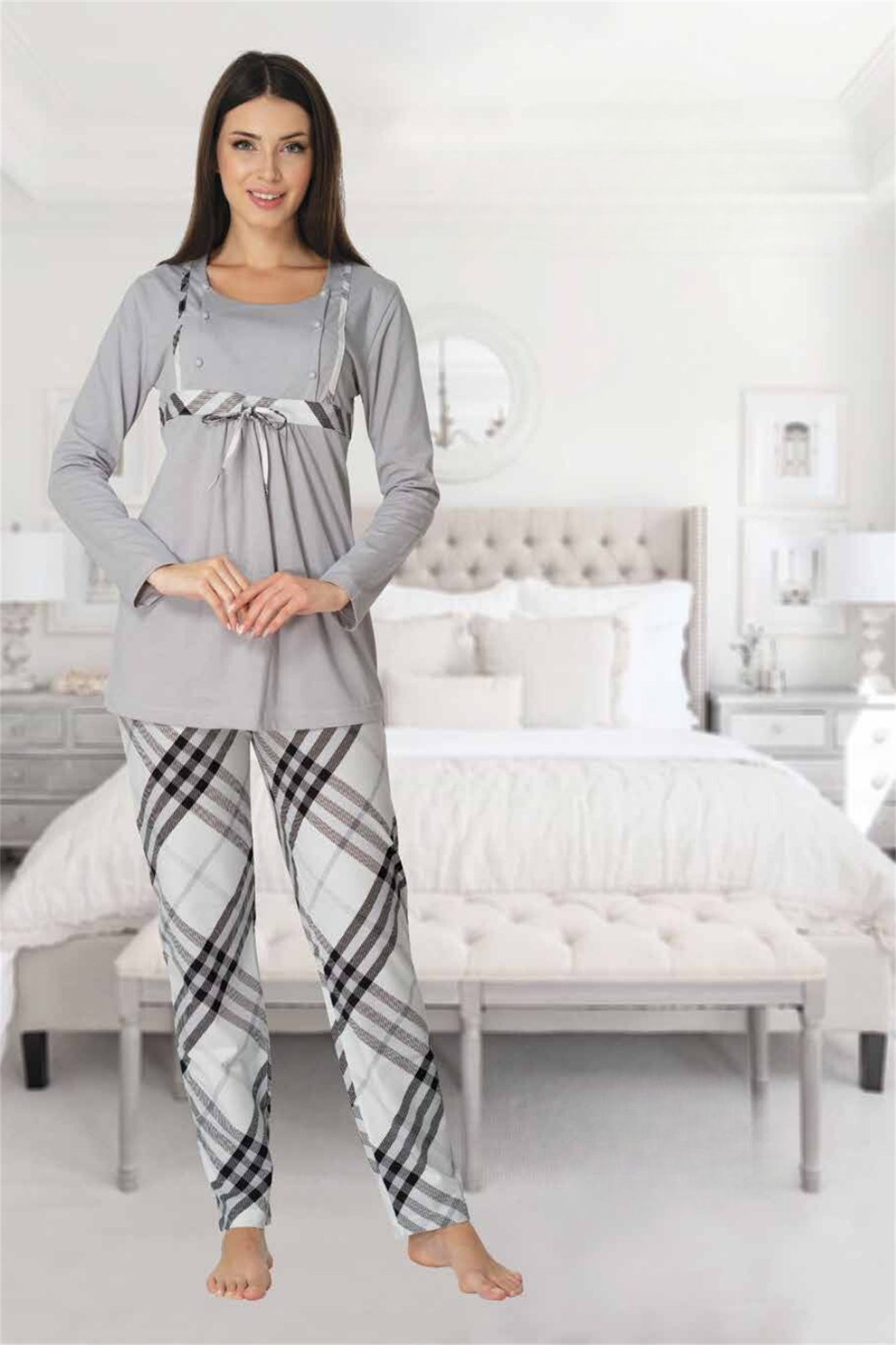 Effortt 8082 Gri Ekose Desenli Lohusa Pijama