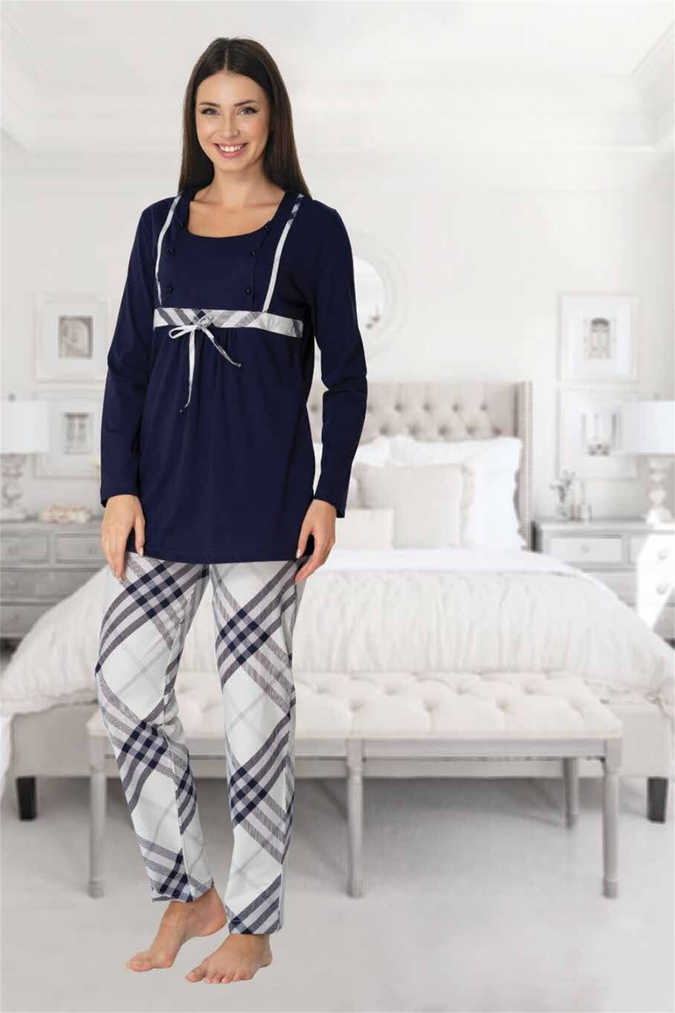 Effortt 8082 Lacivert Ekose Desenli Lohusa Pijama