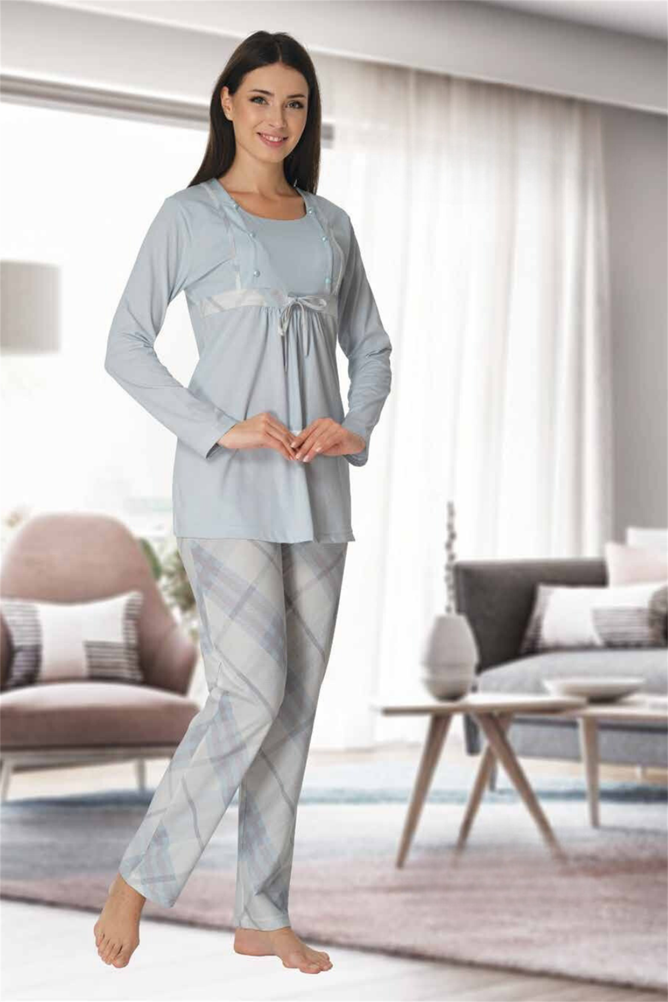 Effortt 8082 Mavi Ekose Desenli Lohusa Pijama