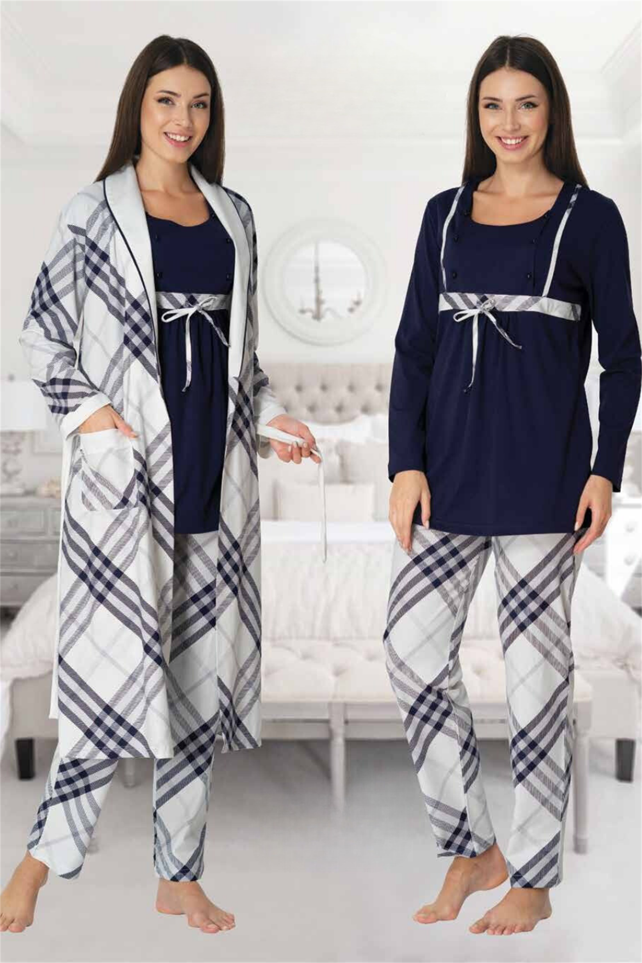 Effortt 8084 Lacivert Ekose Desenli Sabahlıklı Lohusa Pijama
