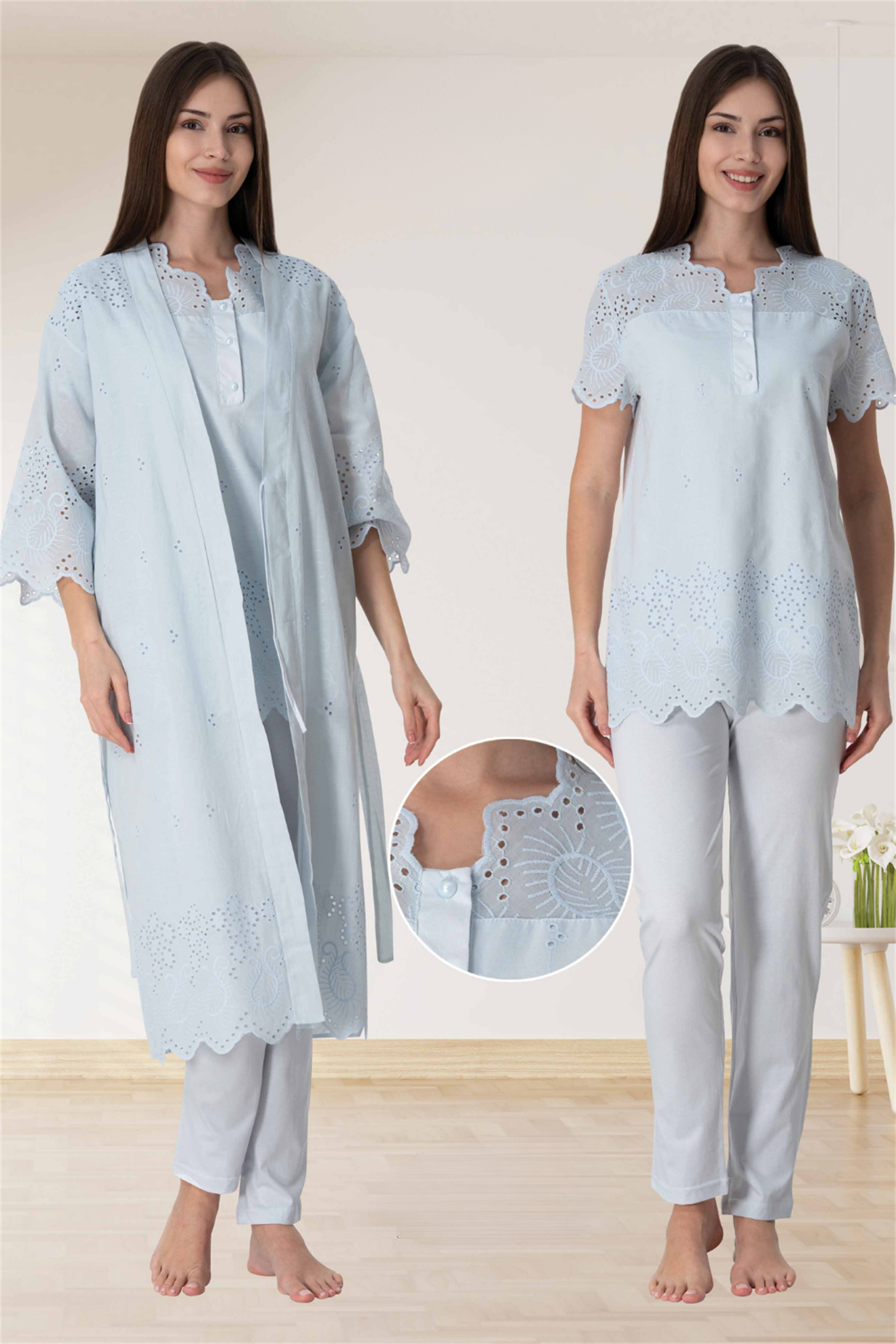 Effortt 9024 Fisto Detaylı Mavi Sabahlıklı Lohusa Pijama