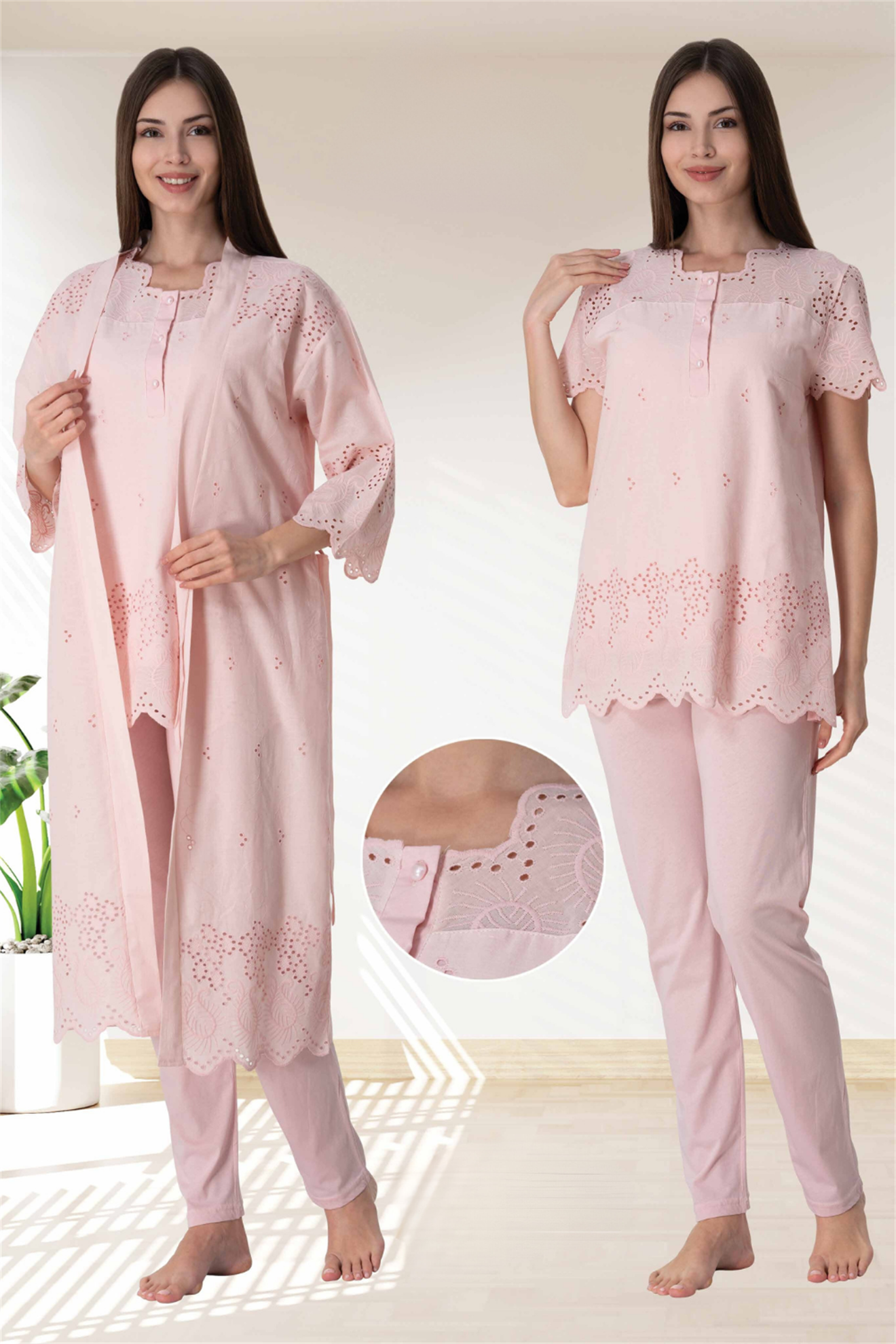 Effortt 9024 Fisto Detaylı Pudra Sabahlıklı Lohusa Pijama