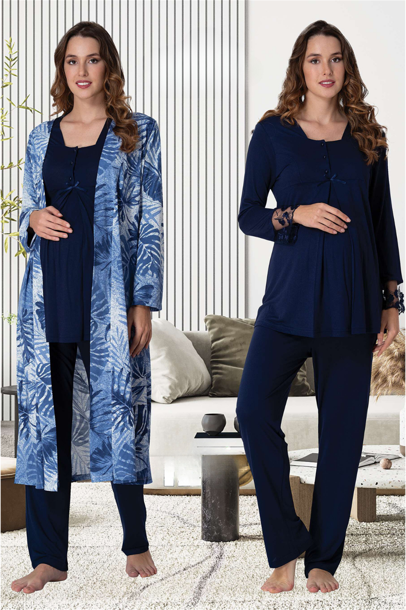 Effortt 9044 Lacivert Desenli Sabahlıklı Lohusa Pijama