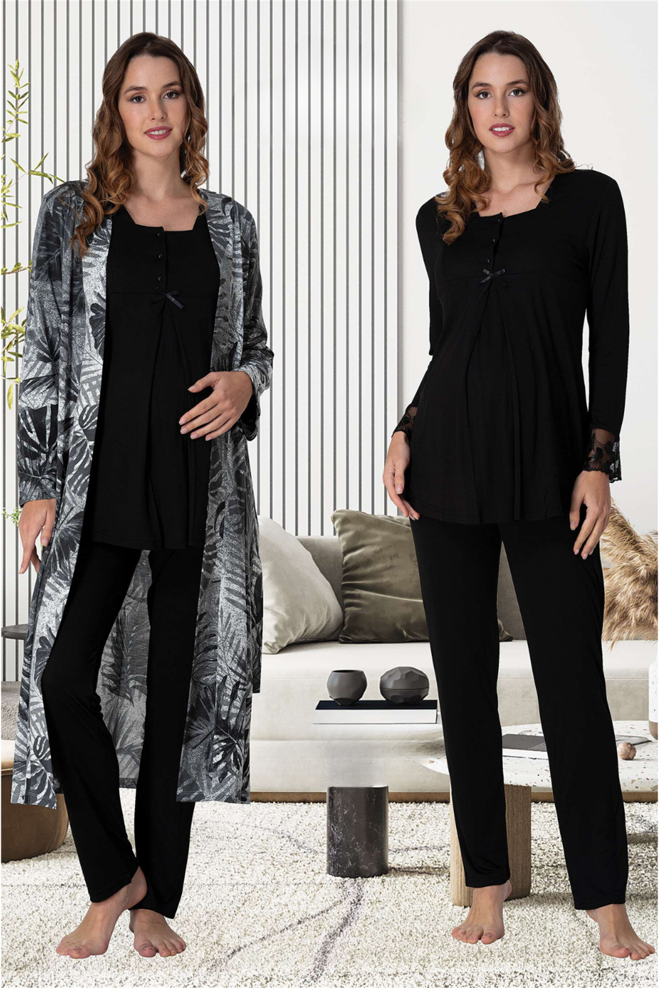 Effortt 9044 Siyah Desenli Sabahlıklı Lohusa Pijama