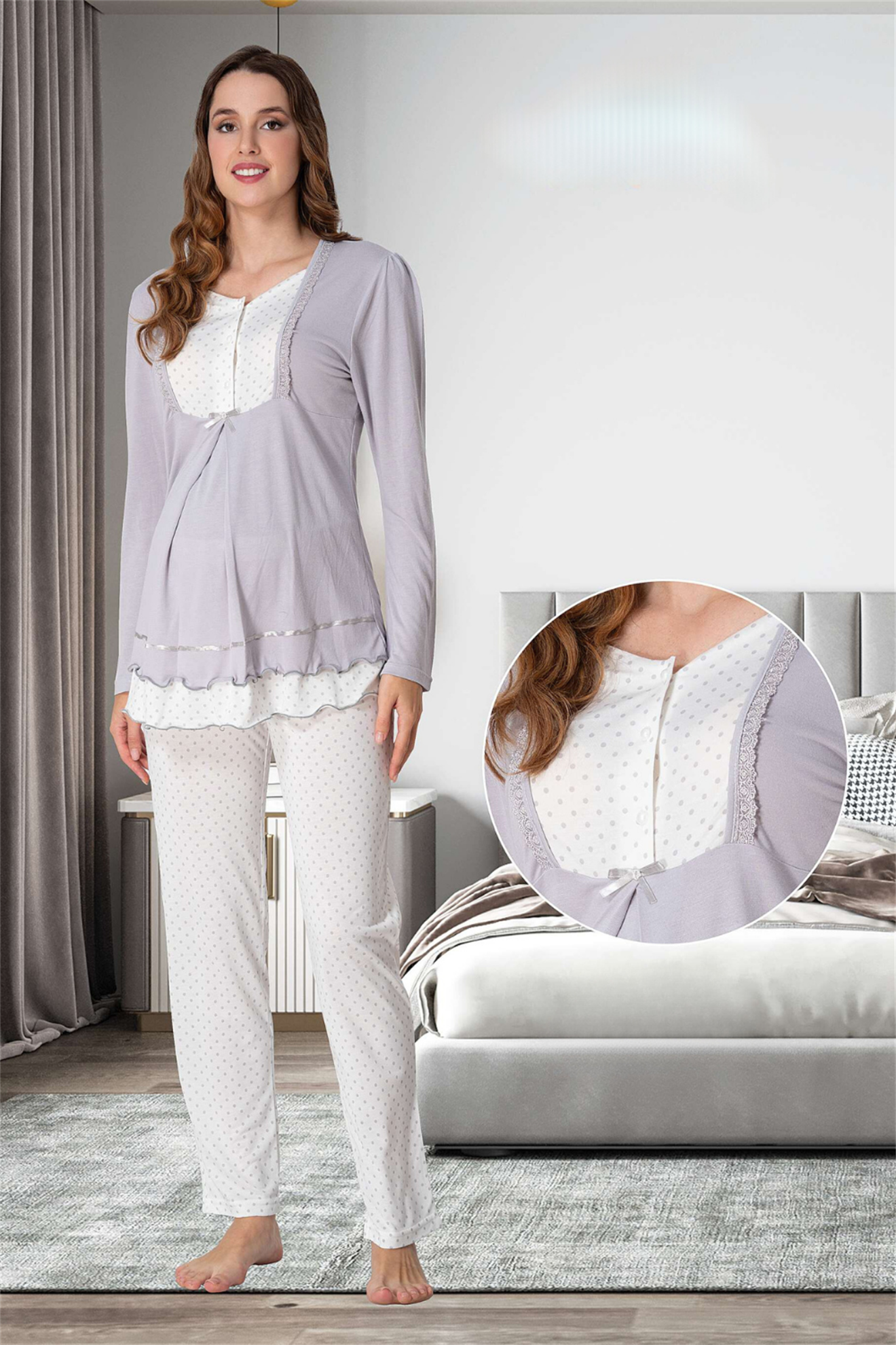 Effortt 9052 Gri Puan Detaylı Lohusa Pijama