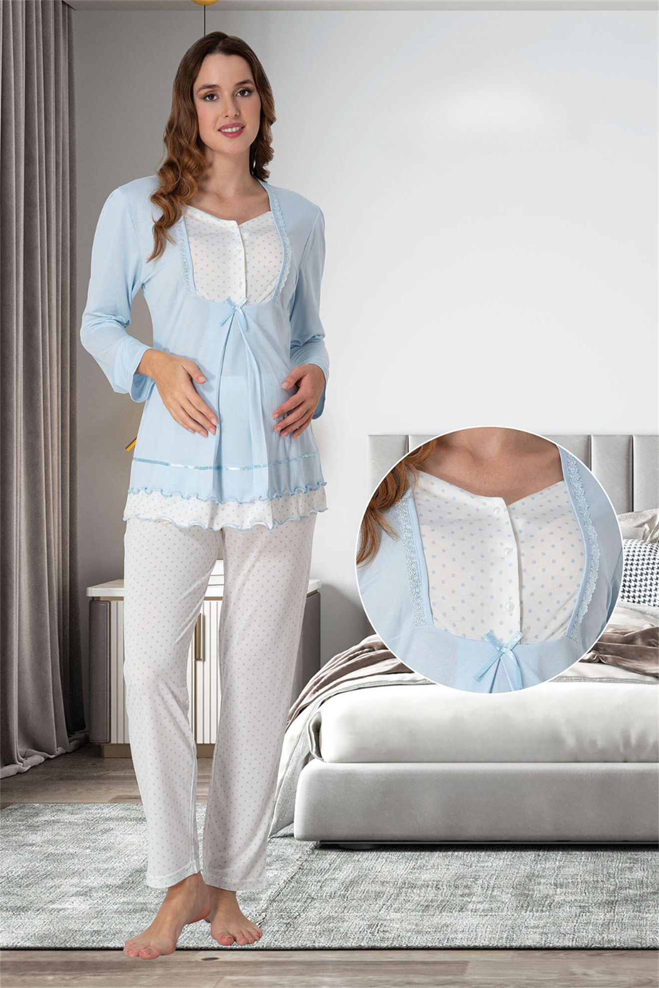 Effortt 9052 Mavi Puan Detaylı Lohusa Pijama