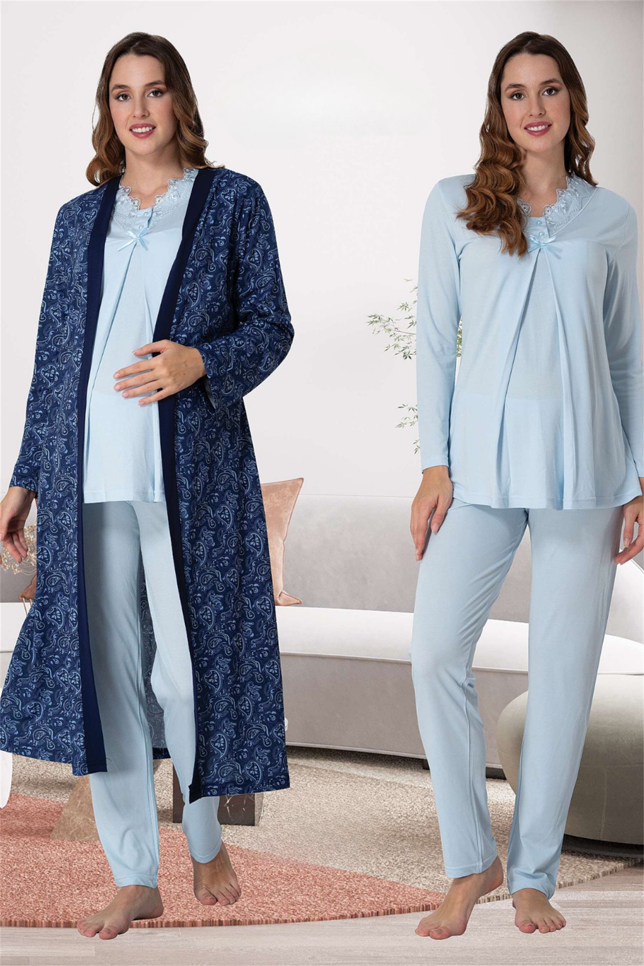 Effortt 9058 Mavi Sabahlıklı Lohusa Pijama