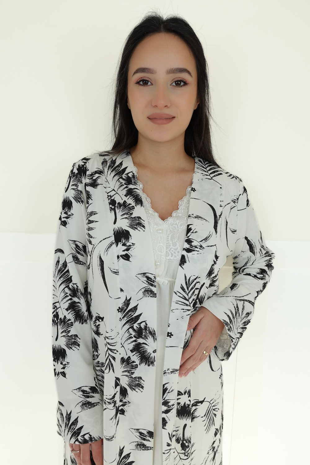 Linen Model Ekru Desenli Sabahlıklı Lohusa Pijama
