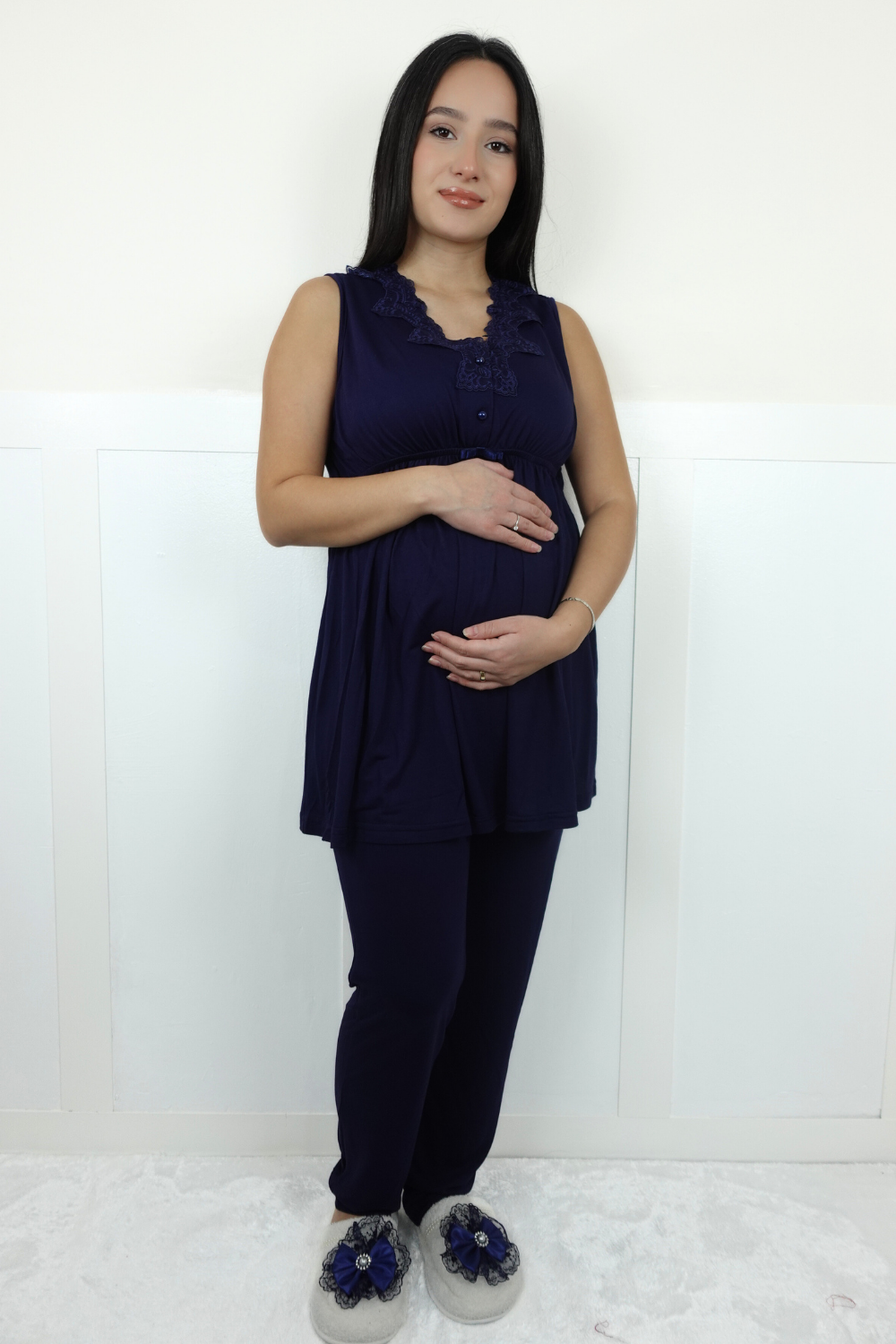 Linen Model Lacivert Desenli Sabahlıklı Lohusa Pijama