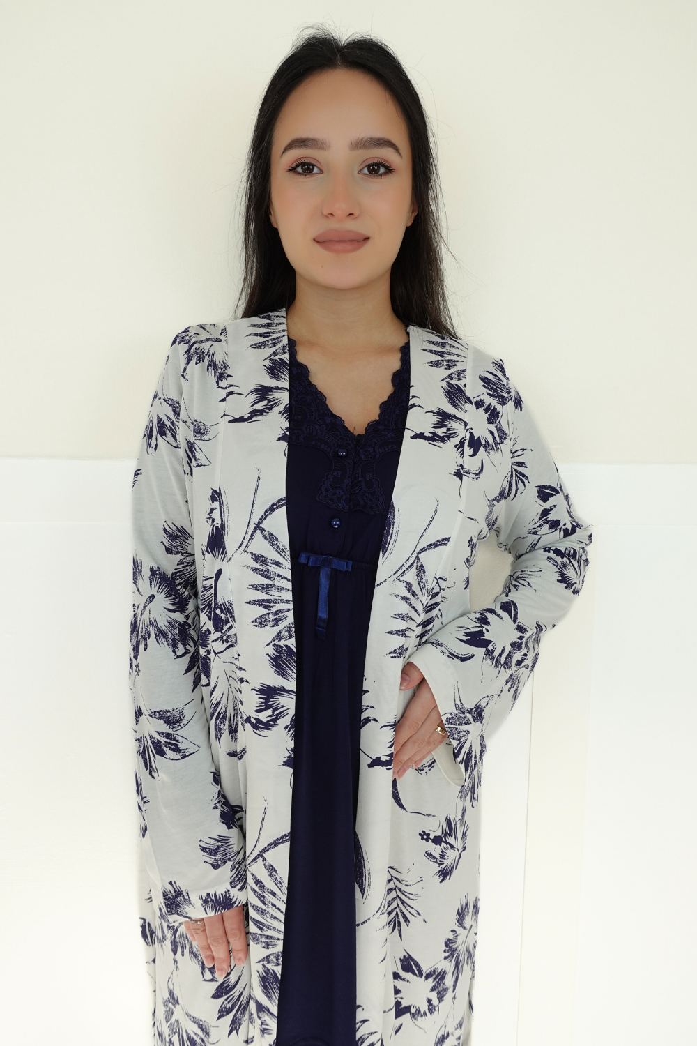 Linen Model Lacivert Desenli Sabahlıklı Lohusa Pijama