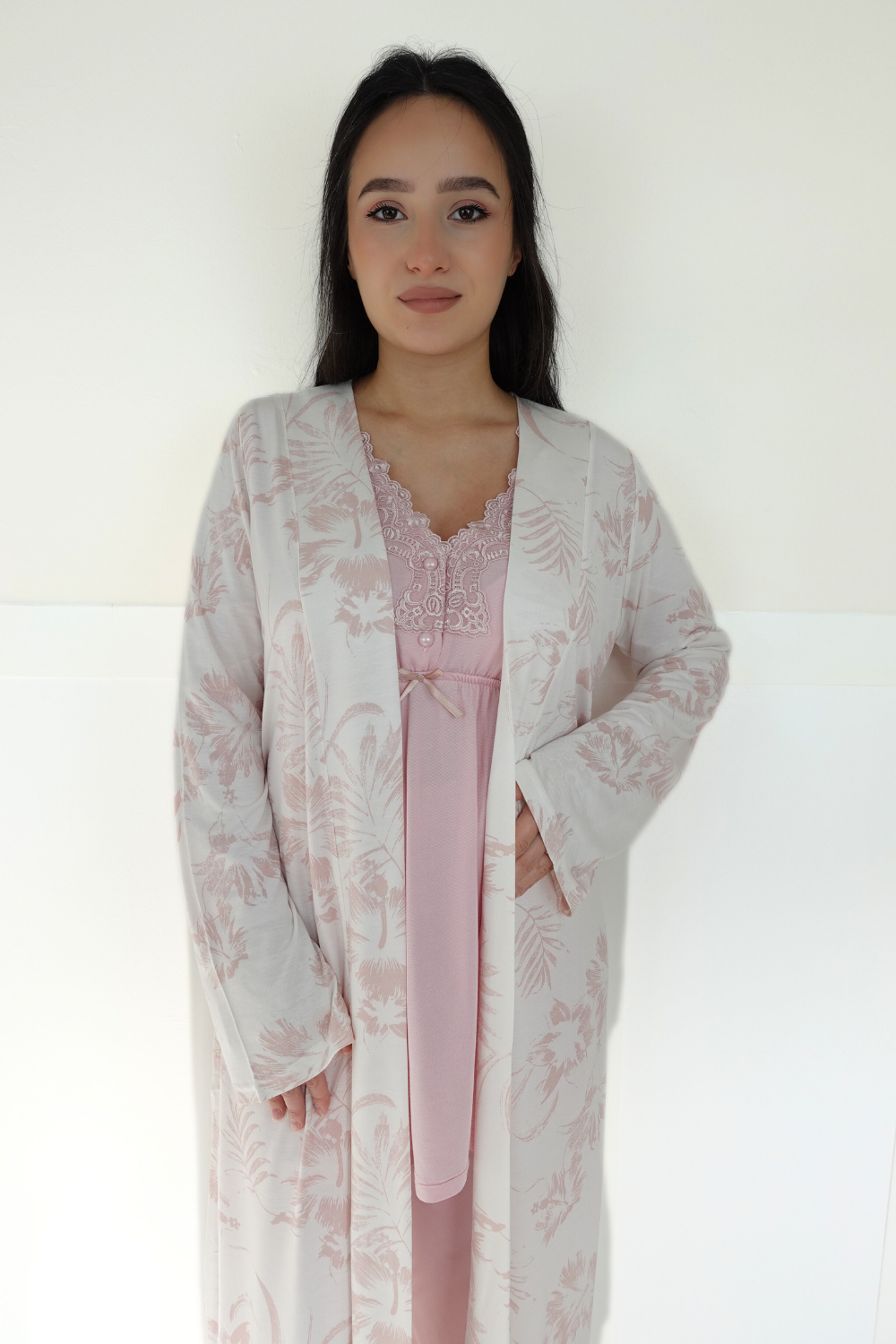 Linen Model Pudra Desenli Sabahlıklı Lohusa Pijama