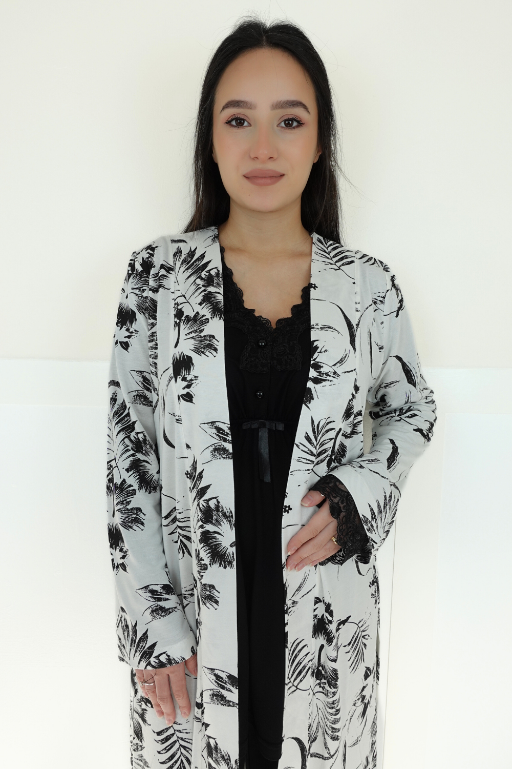 Linen Model Siyah Desenli Sabahlıklı Lohusa Pijama
