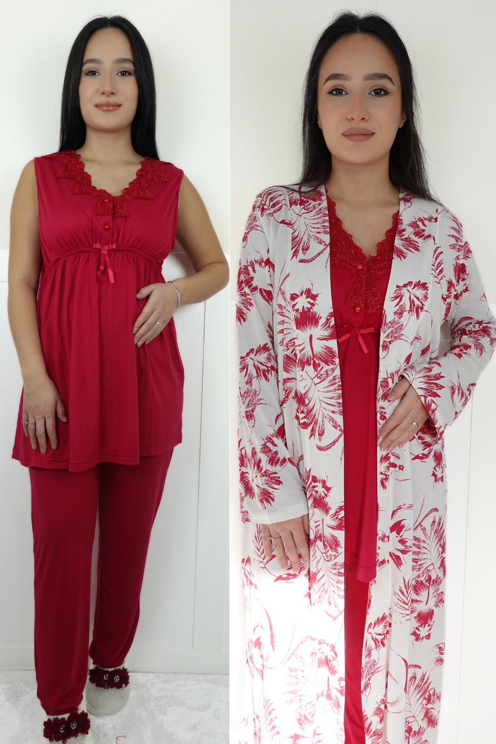 Linen Model Vişne Desenli Sabahlıklı Lohusa Pijama