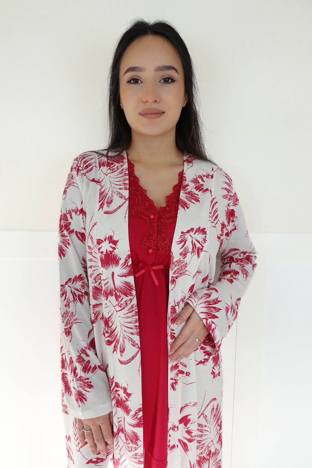 Linen Model Vişne Desenli Sabahlıklı Lohusa Pijama