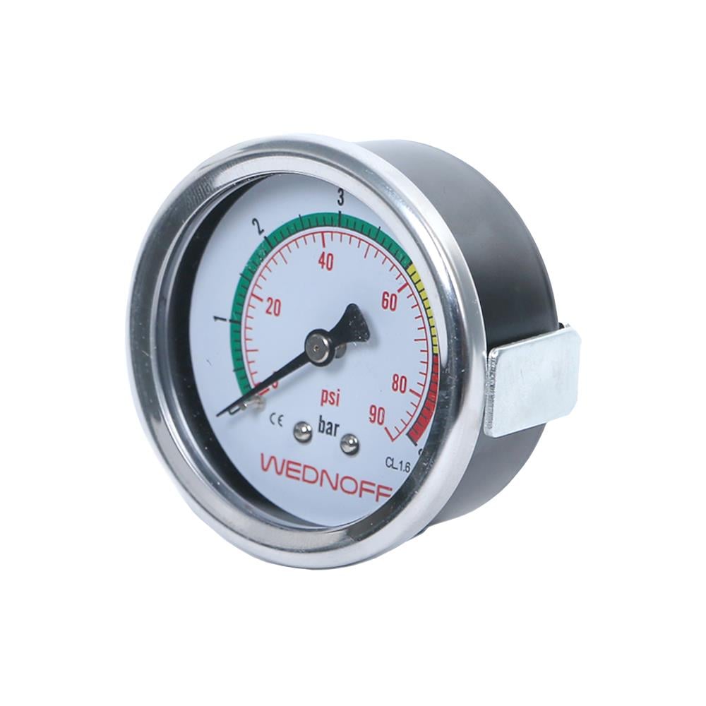 WEDNOFF 0-6 bar 63mm pano tipi manometrenin krom çerçevesini, siyah kasasını ve panele montaj için kullanılan metal kelepçesini gösteren sağ yandan görünümü.