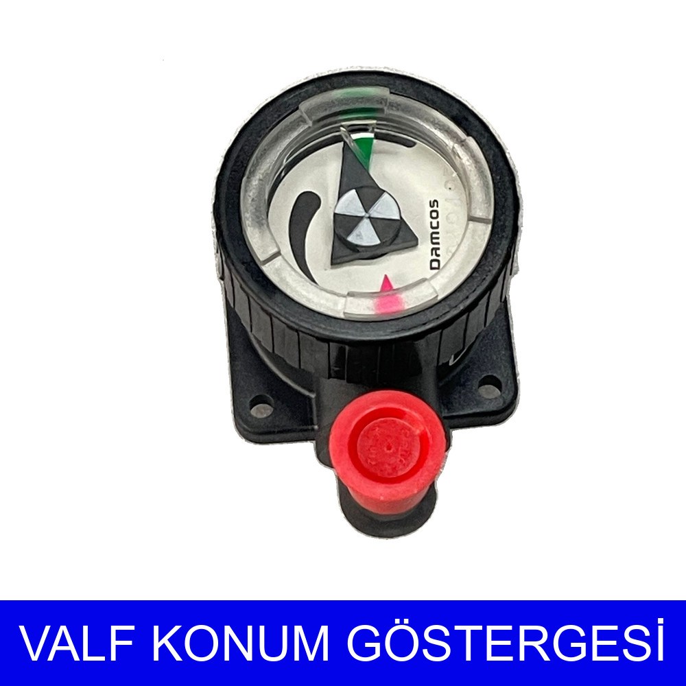 Damcos VPI-E Vana Pozisyon Göstergesi Üst Parçası – ibreli kadran, kare flanş ve kırmızı tapa, üstten açılı görünüm
