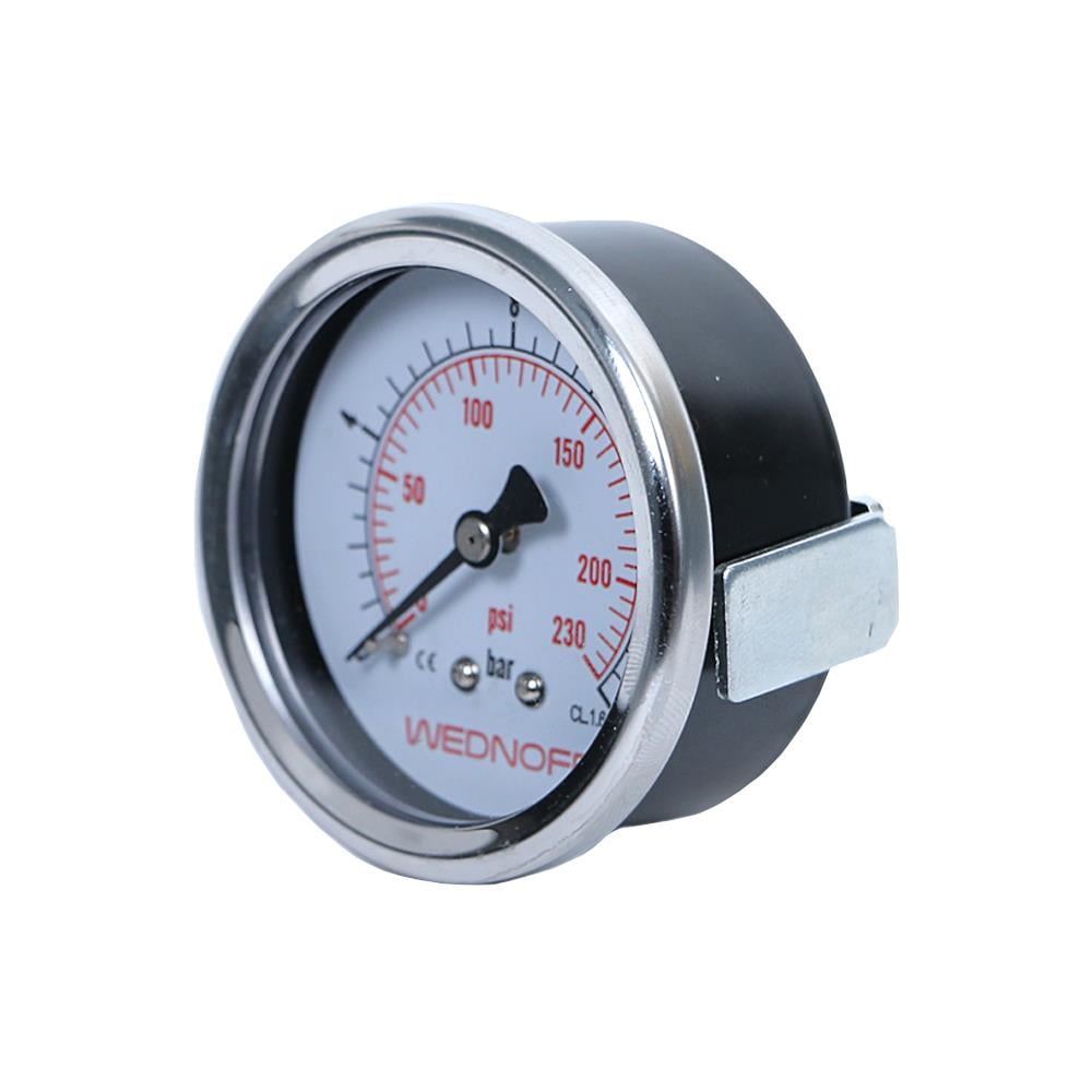 Hava ve su tesisatları için uygun WEDNOFF 0-16 bar 63mm pano tipi manometrenin, parlak metal çerçevesi ve montaj braketini gösteren sağ çaprazdan görünümü.