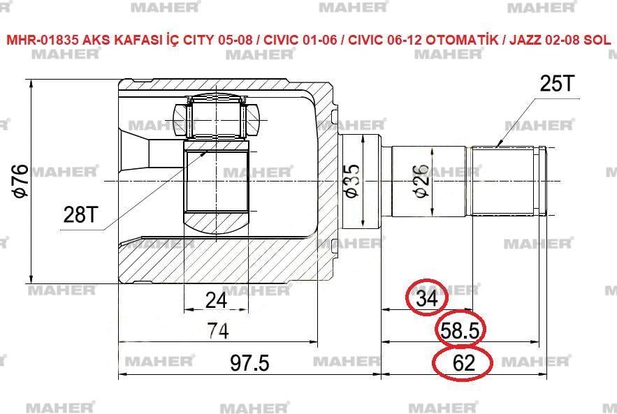 AKS KAFASI İÇ CITY 05-08 / CIVIC 01-06 / CIVIC 06-12 OTOMATİK-MANUEL / JAZZ 02-08 SOL 25X28X35X26X159,5mm