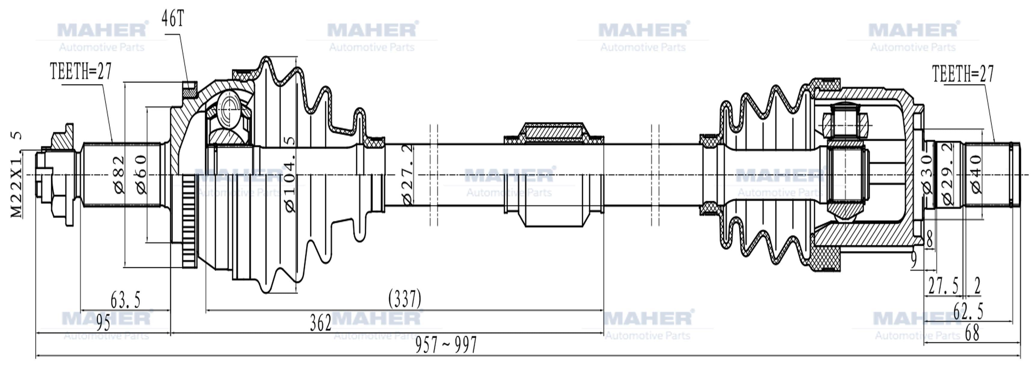 AKS KOMPLE ÖN ELANTRA 11-16 / I-30 12-15 / CERATO 16-18 / 1.6 BENZİNLİ A-T SAĞ ABSLİ 46 DİŞ 957mm