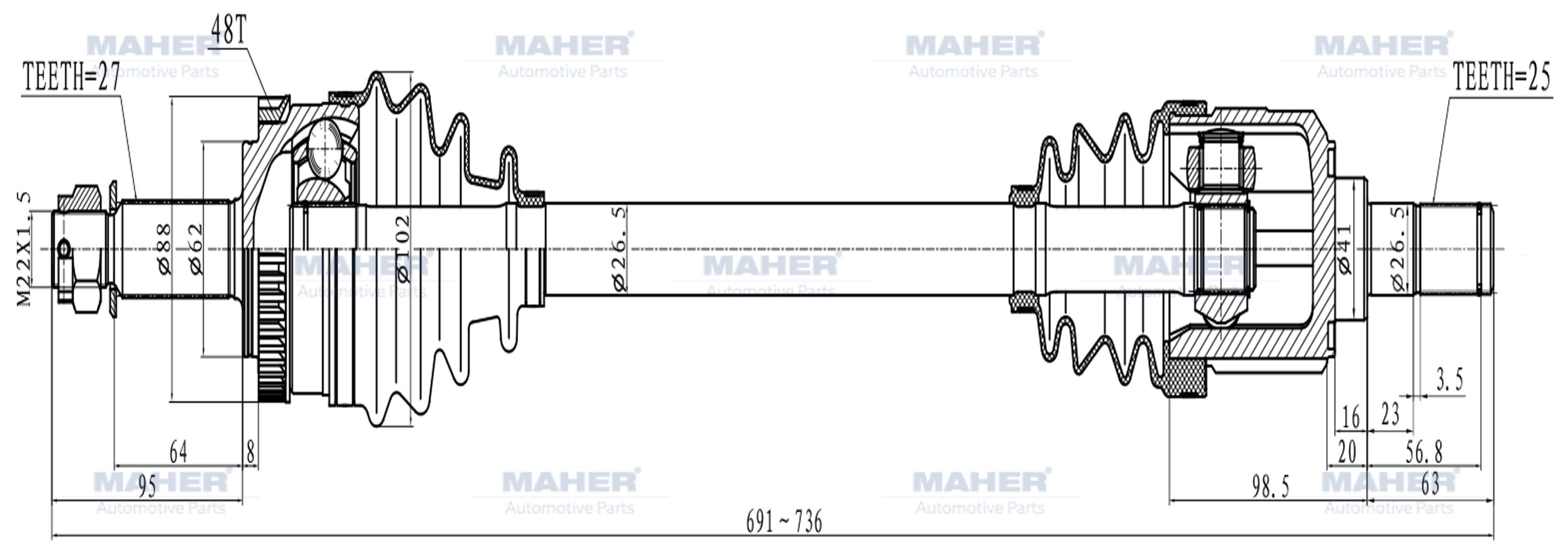 AKS KOMPLE ÖN IX-35 10-15 / SPORTAGE 11-16 / 1.6 BENZİNLİ M/T SAĞ ABSLİ 48 DİŞ 691mm
