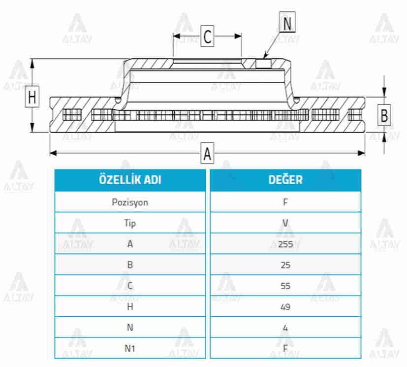 FREN DİSKİ COROLLA 02-06 BENZİNLİ / VERSO 03-06 / PRIUS 04-06 / ÖN HAVALI 255-4