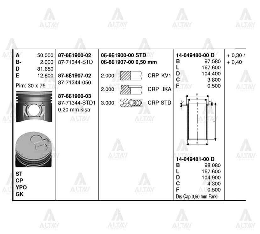 PİSTON SEGMANLI BONGO 97-04 / PREGIO 96-05 / K-2700 04= 2.7 050