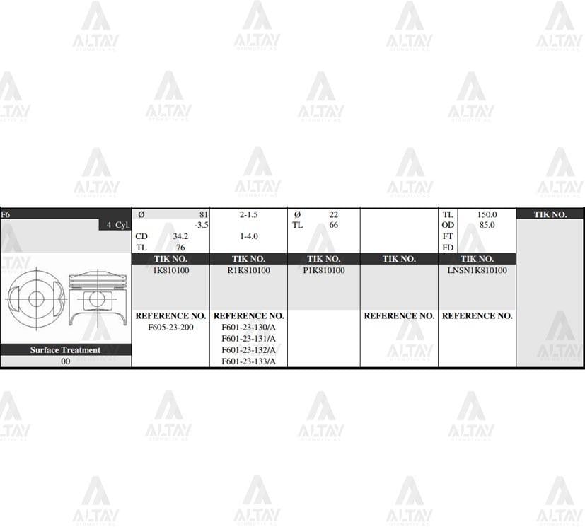 PİSTON TAKIM 626 1.6L /  88-91 /  81.50mm / F6 TEPELİ / 0.50