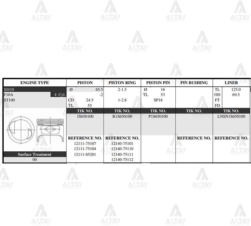 PİSTON TAKIM CARRY 1.0L / 88-98 / F10A / SAMURAI 84-86 / 65.50mm / SJ410 / 0.50